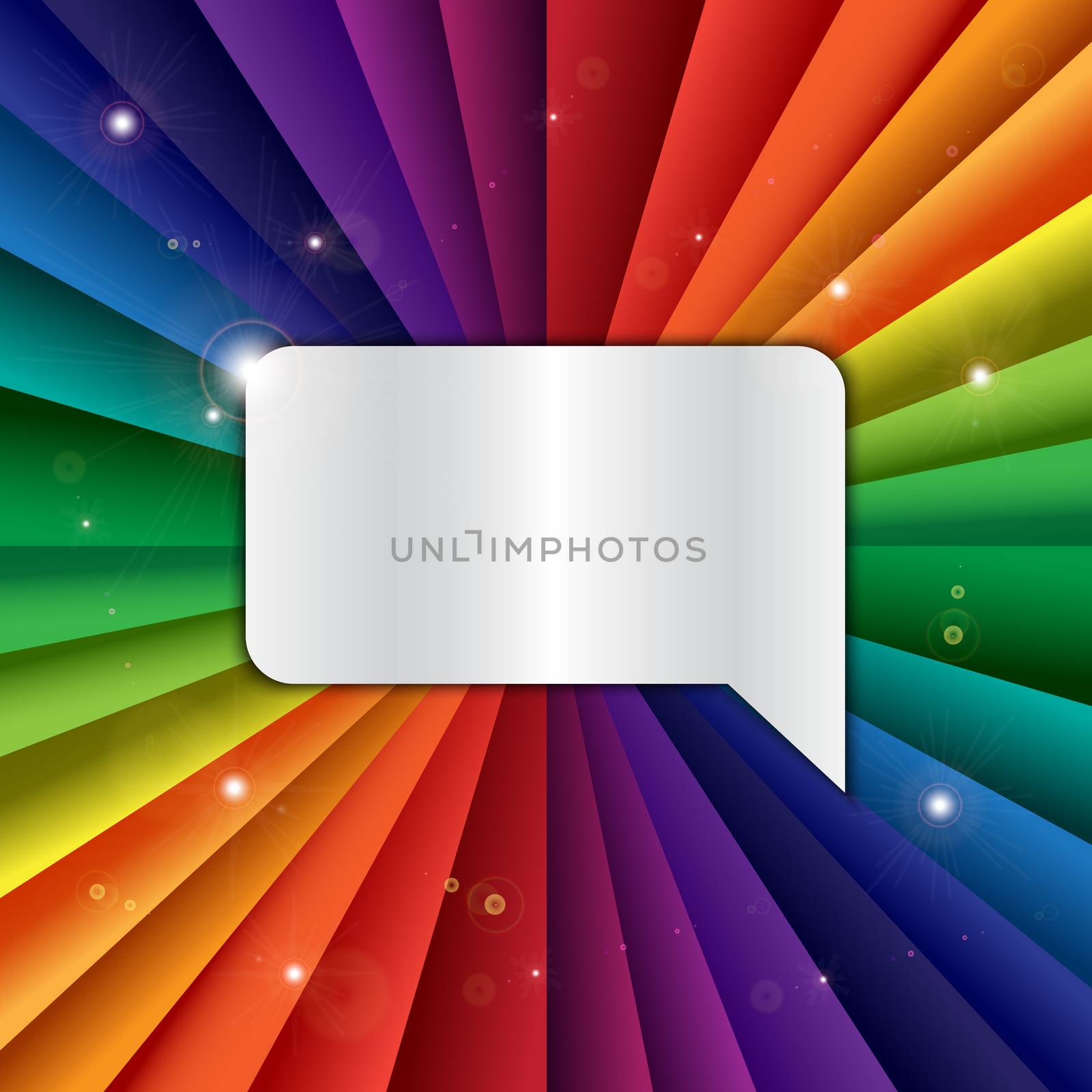 Bright vector rainbow celebration holiday banner with message icon, vector background and chat symbol