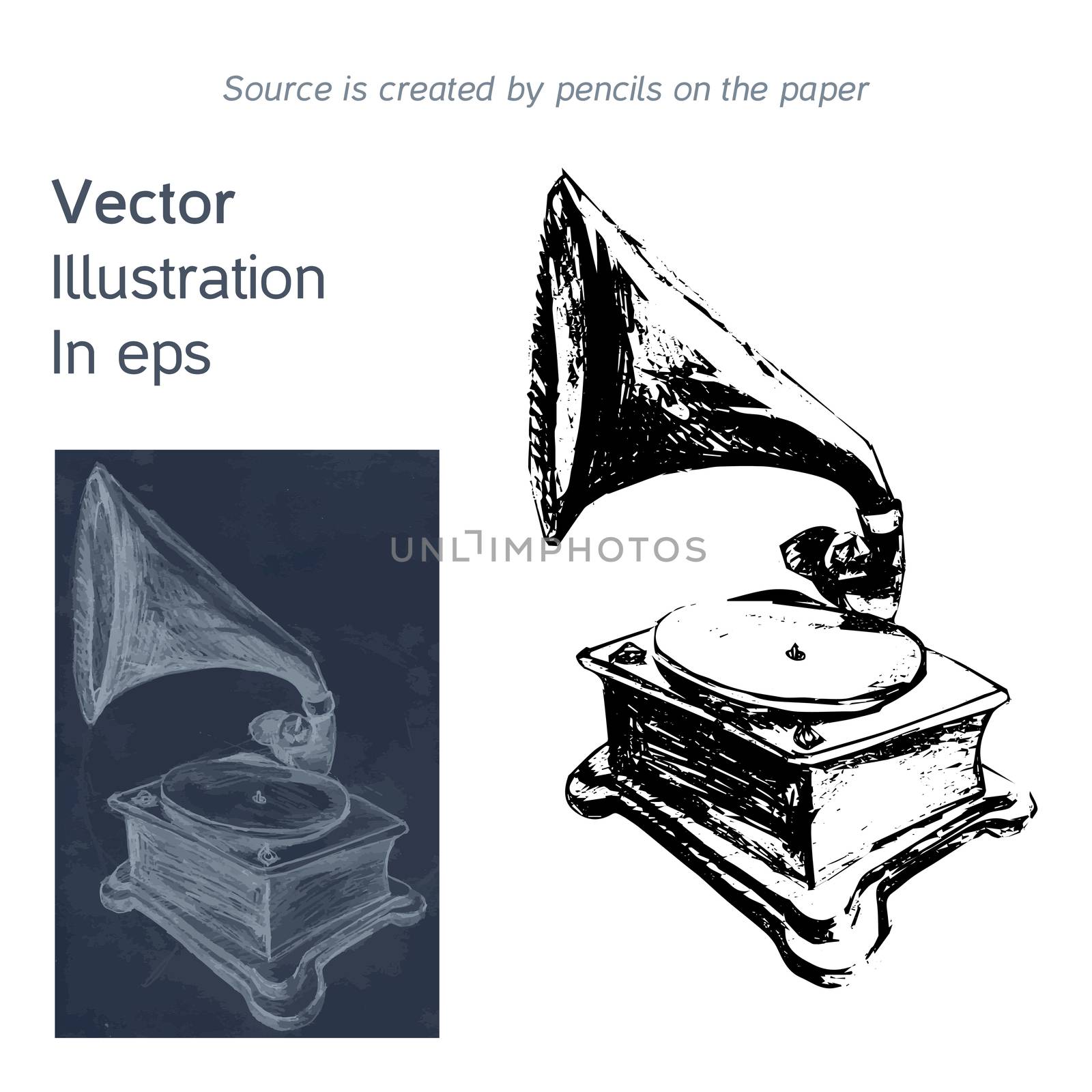 Vector bright hand-drawn old gramophone in eps