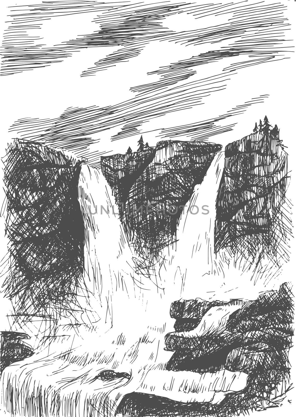 Vector mountain landscape with waterfall by hatching in eps, nature scetch, waterfall poster