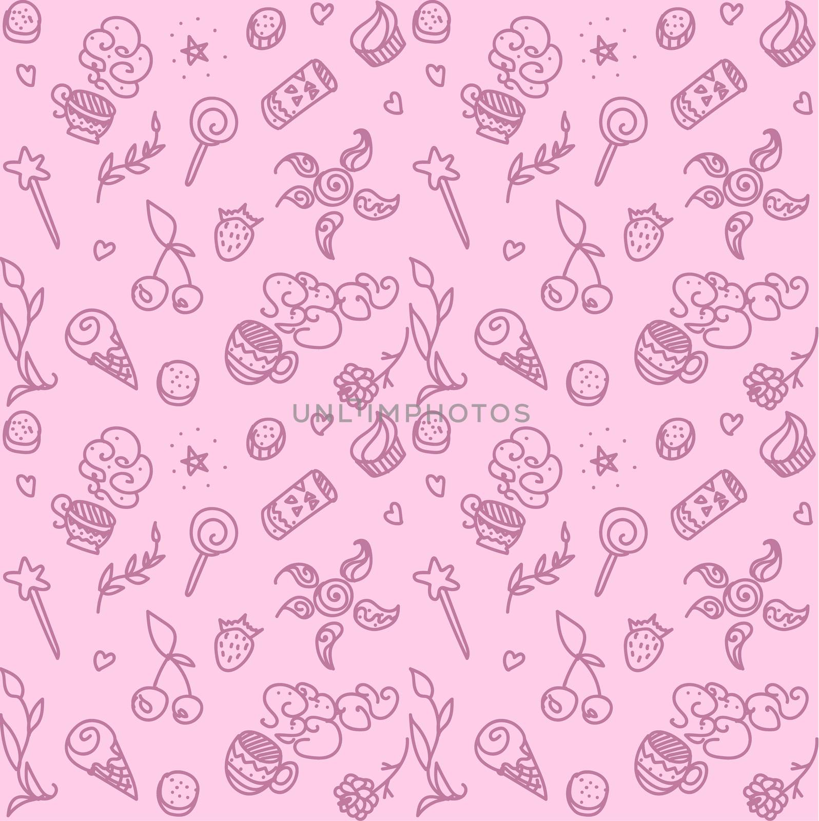 Vector pink seamless pattern with things from life: food, drink, magic wand, cups, plant