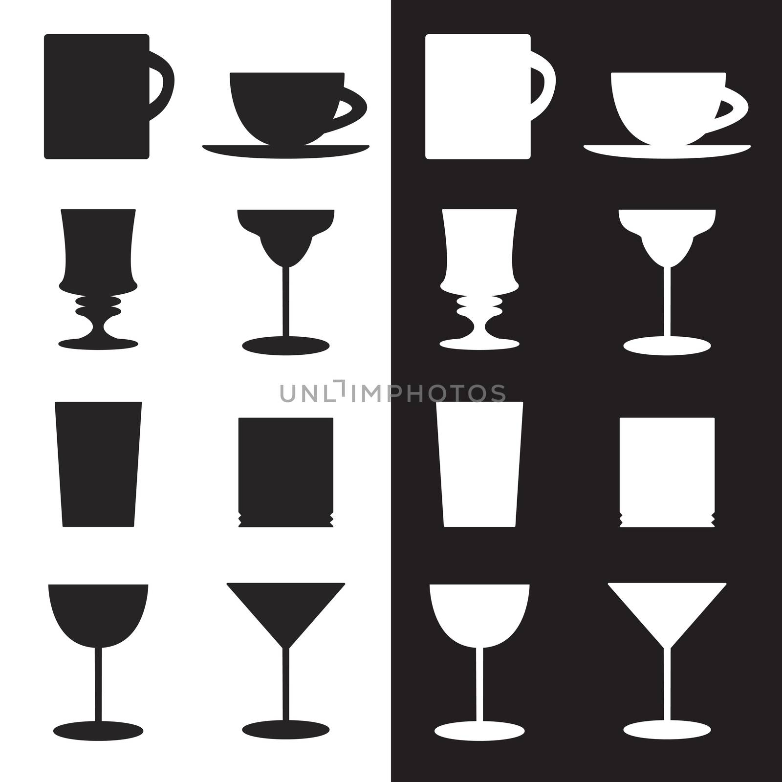 Vector set of goblets, cups, glass silhouettes