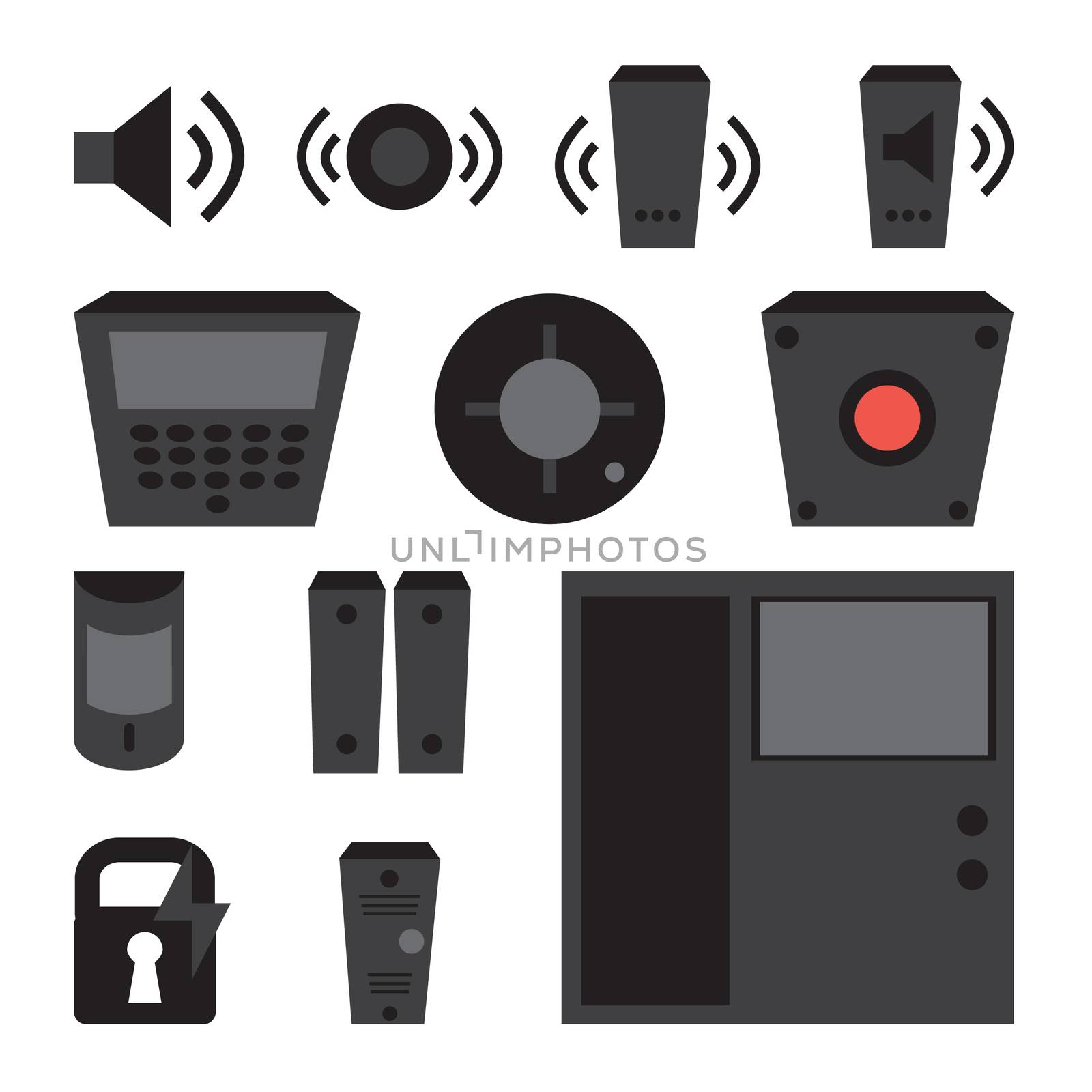 Vector simple set of detectors icons for window, fire, sound, intercom, fire alarm, reader, electronic lock. Access Control System