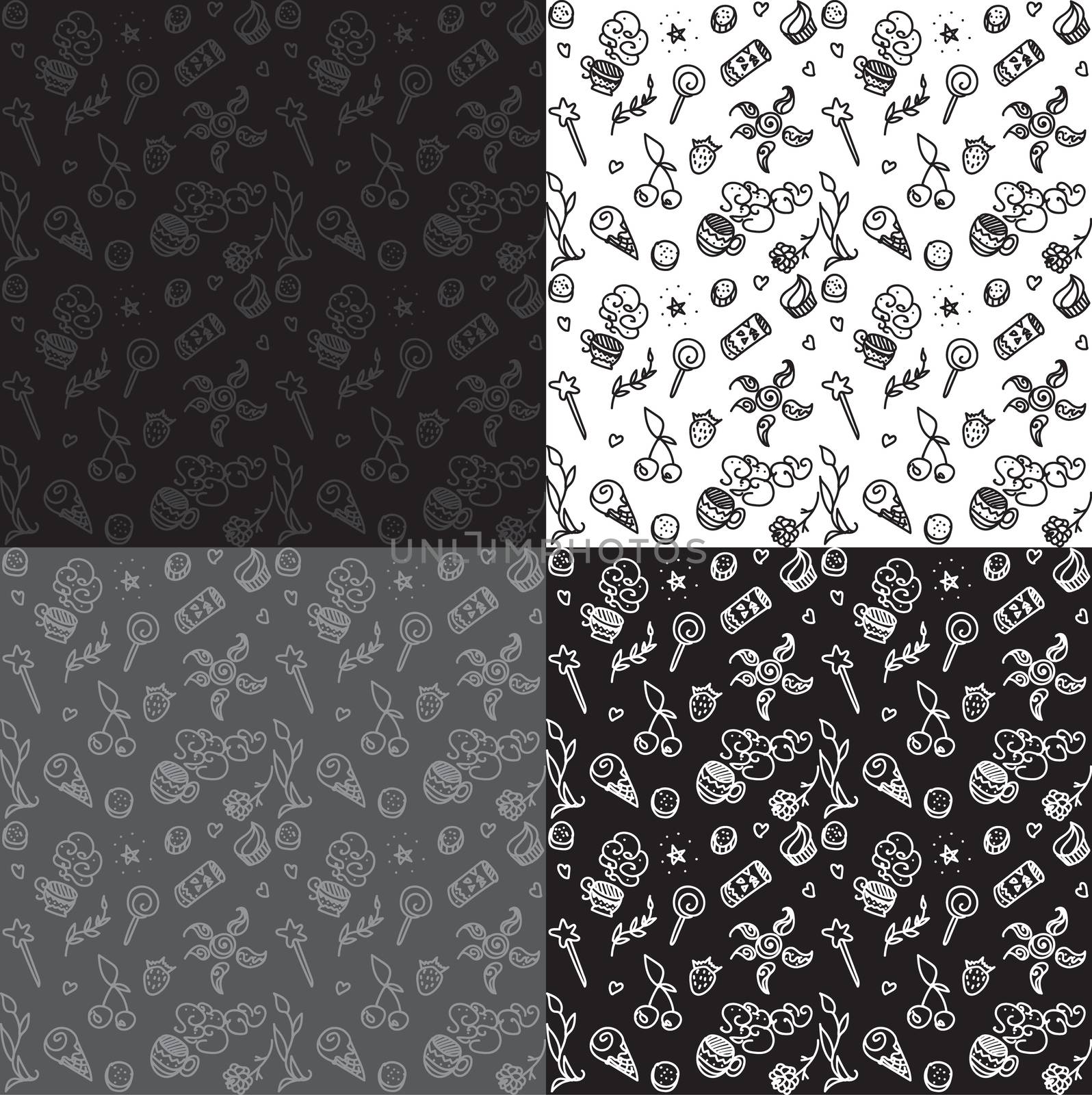 Vector black, white, grey seamless patterns with things from life