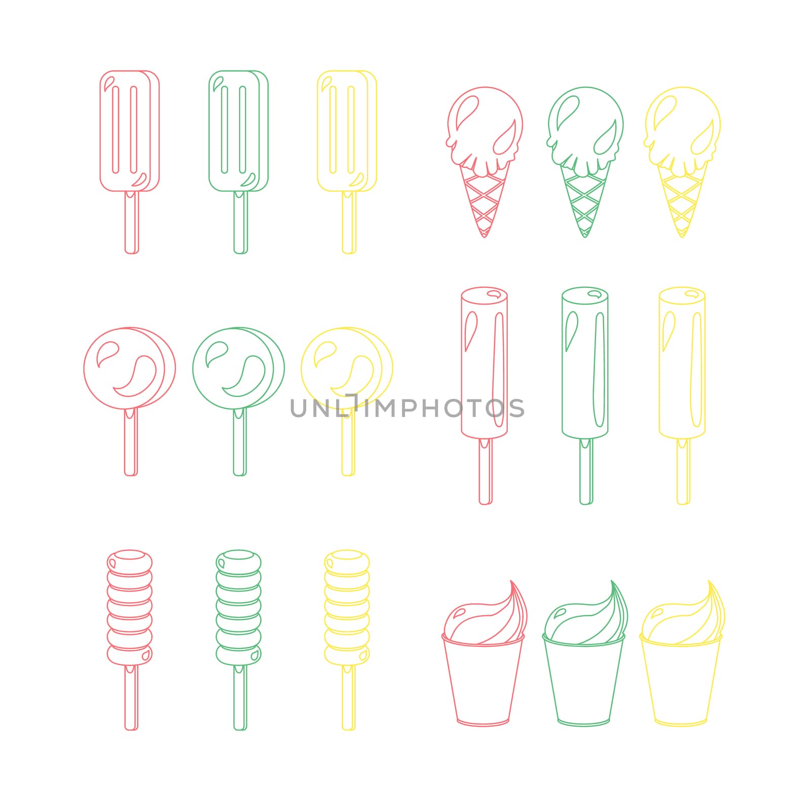 Vector set of different and simple ice-creams with lines