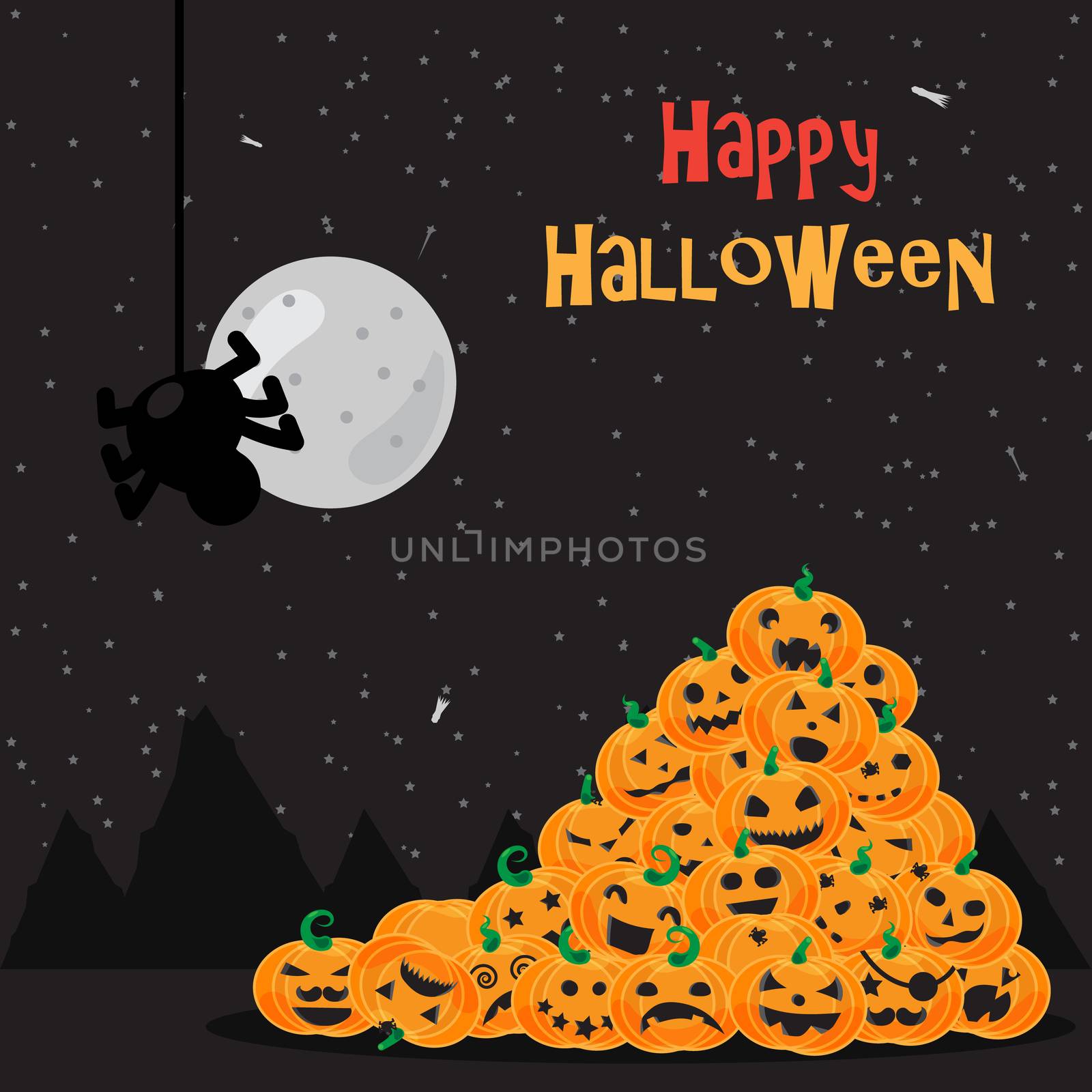 Halloween poster, background with pumpkins, spider and moon