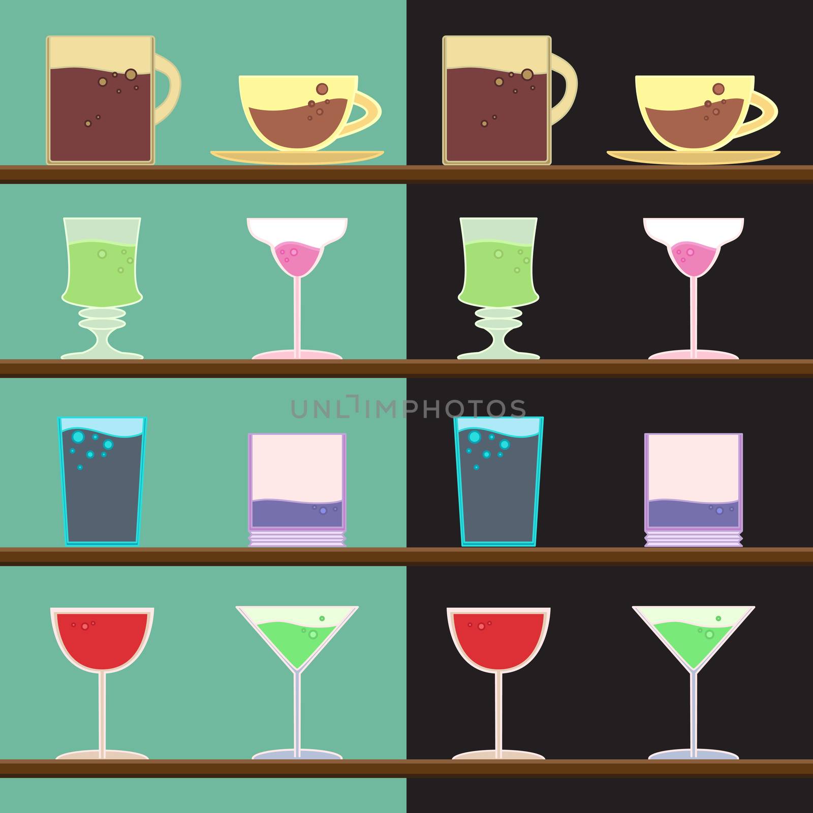 Vector set of goblets, cups, glass with drink on bar regiment