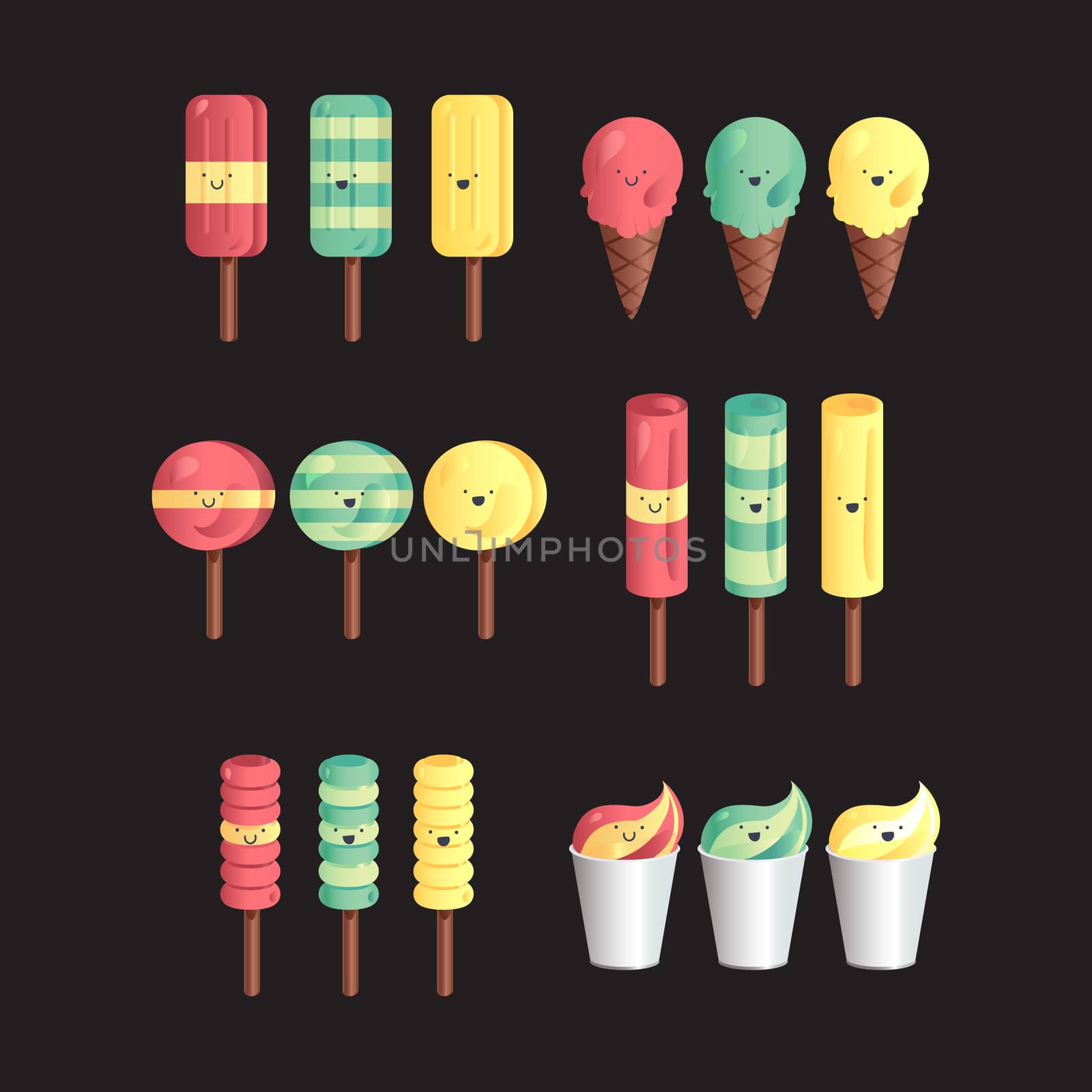 Vector set of different and gradient ice-creams