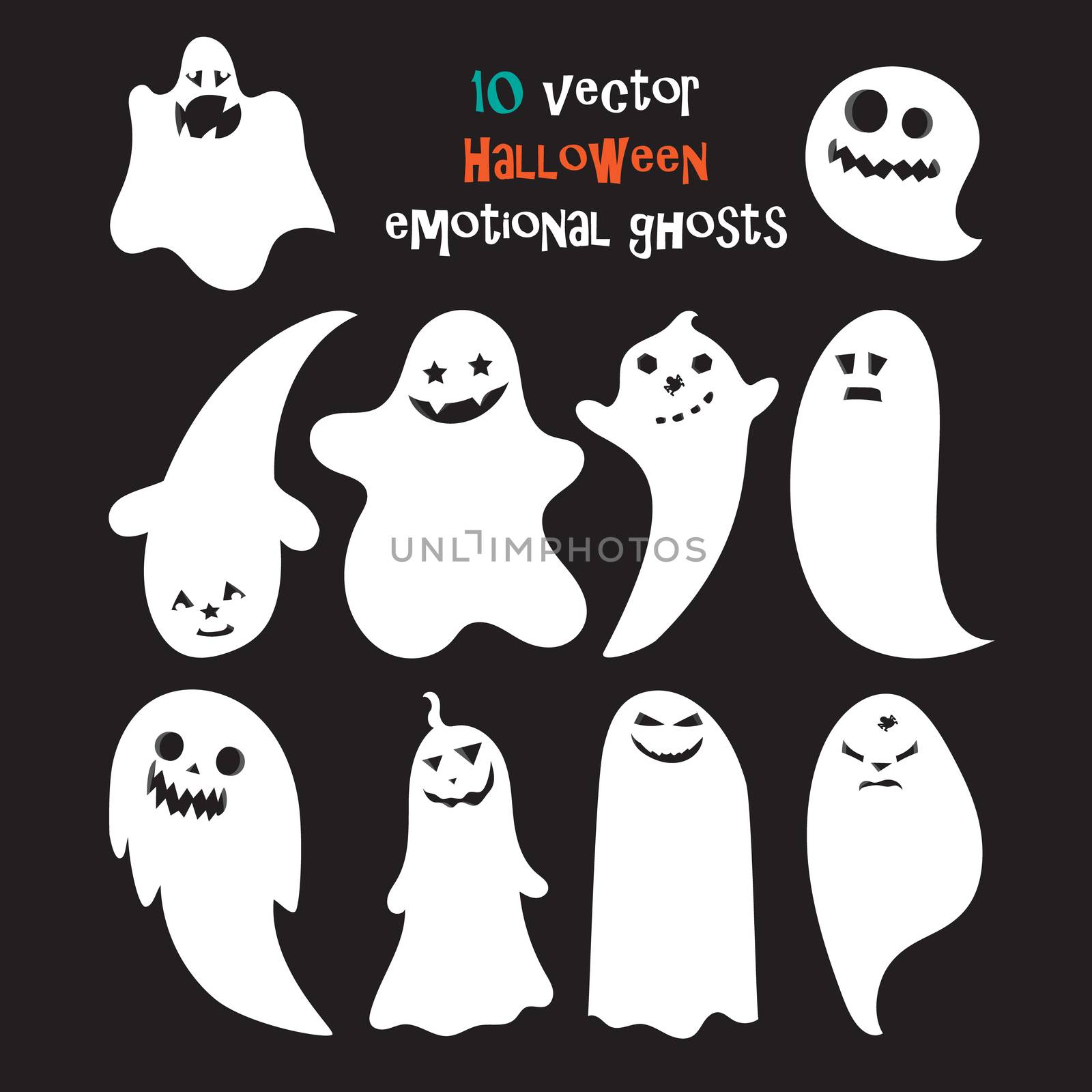 Set of halloween emotional ghosts isolated on black background