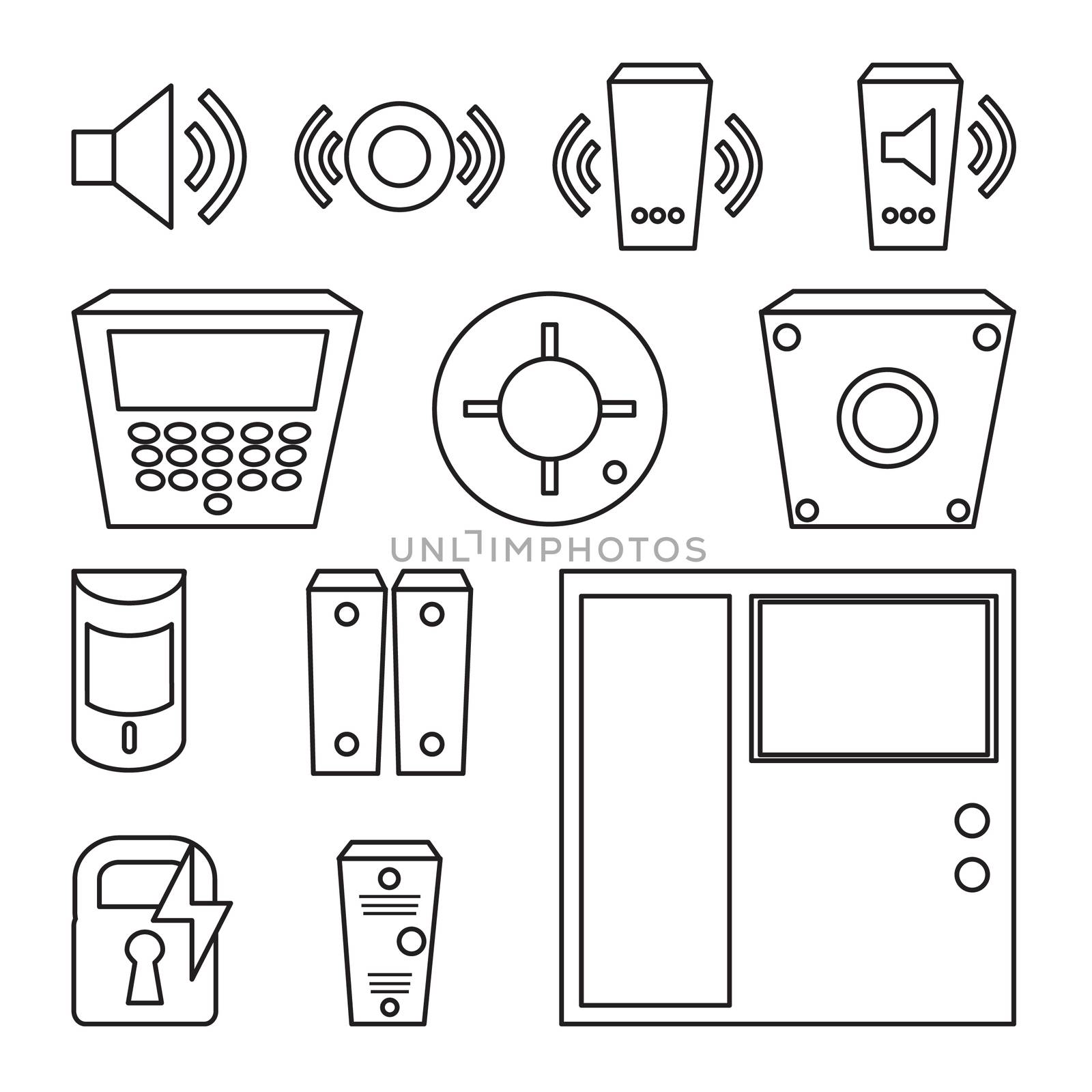 Vector simple set of detectors icons for window, fire, sound, intercom, fire alarm, reader, electronic lock. Access Control System