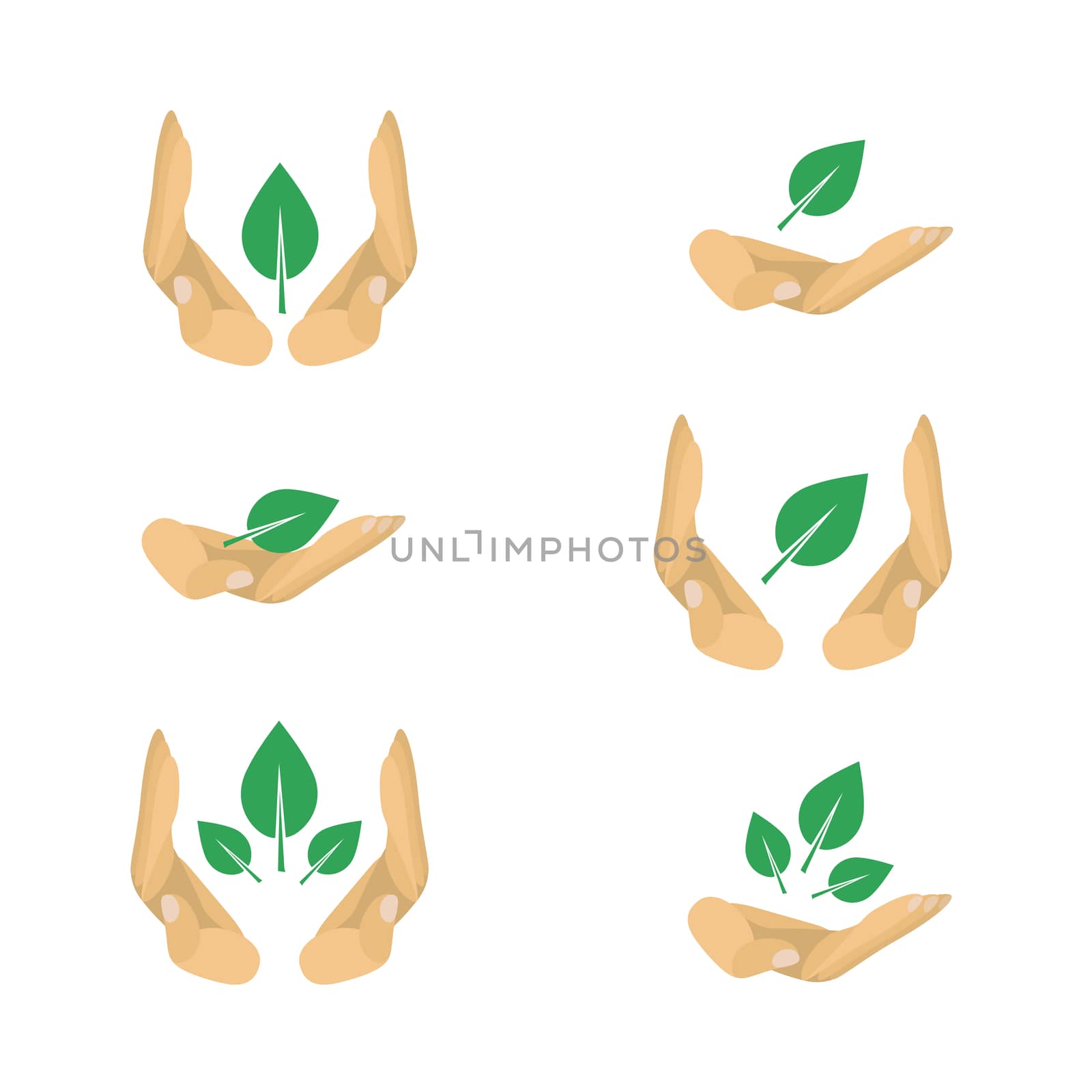 6 vector variants of ecology protection symbols for poster: leaf in hand