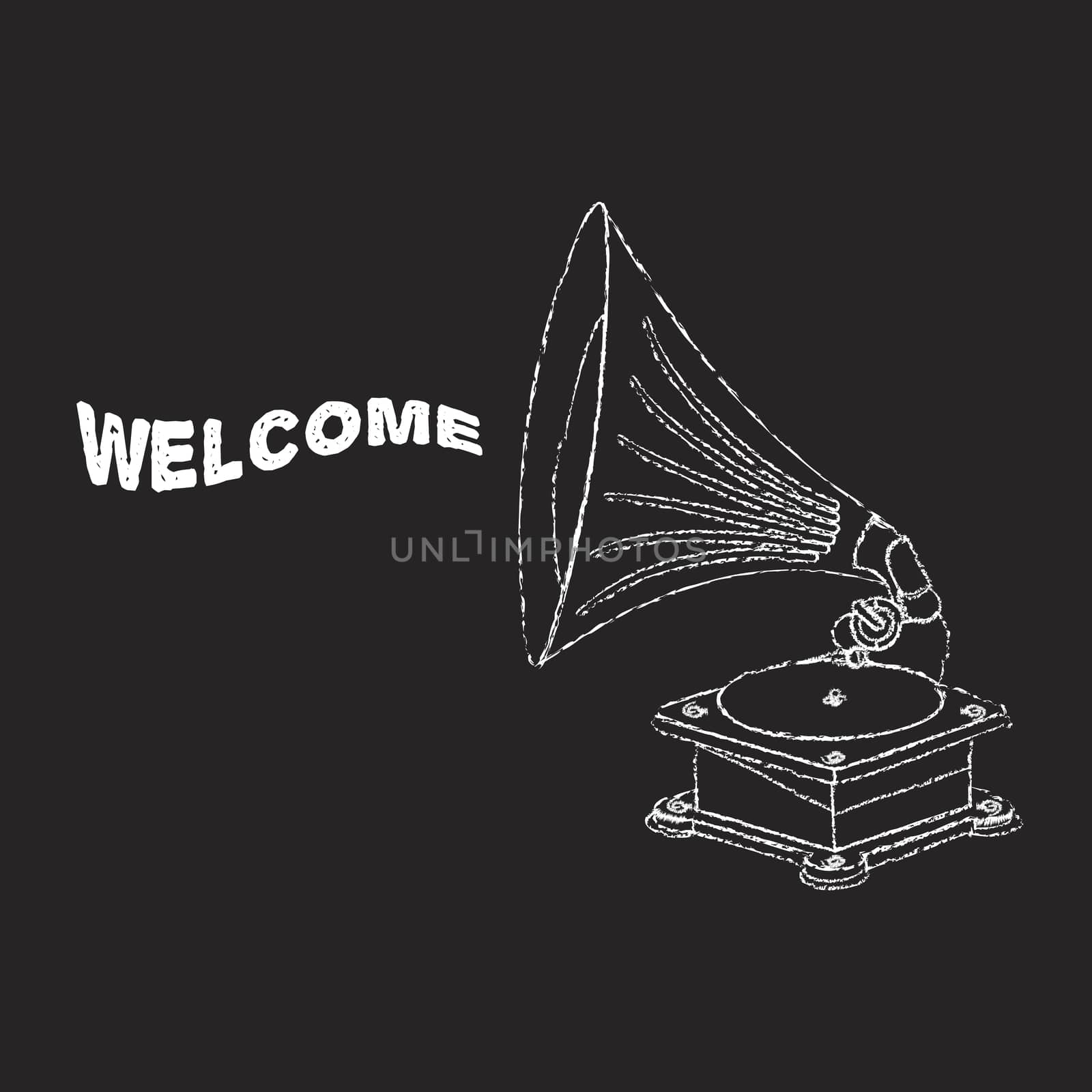 Vector old gramophone and music symbol. Vector