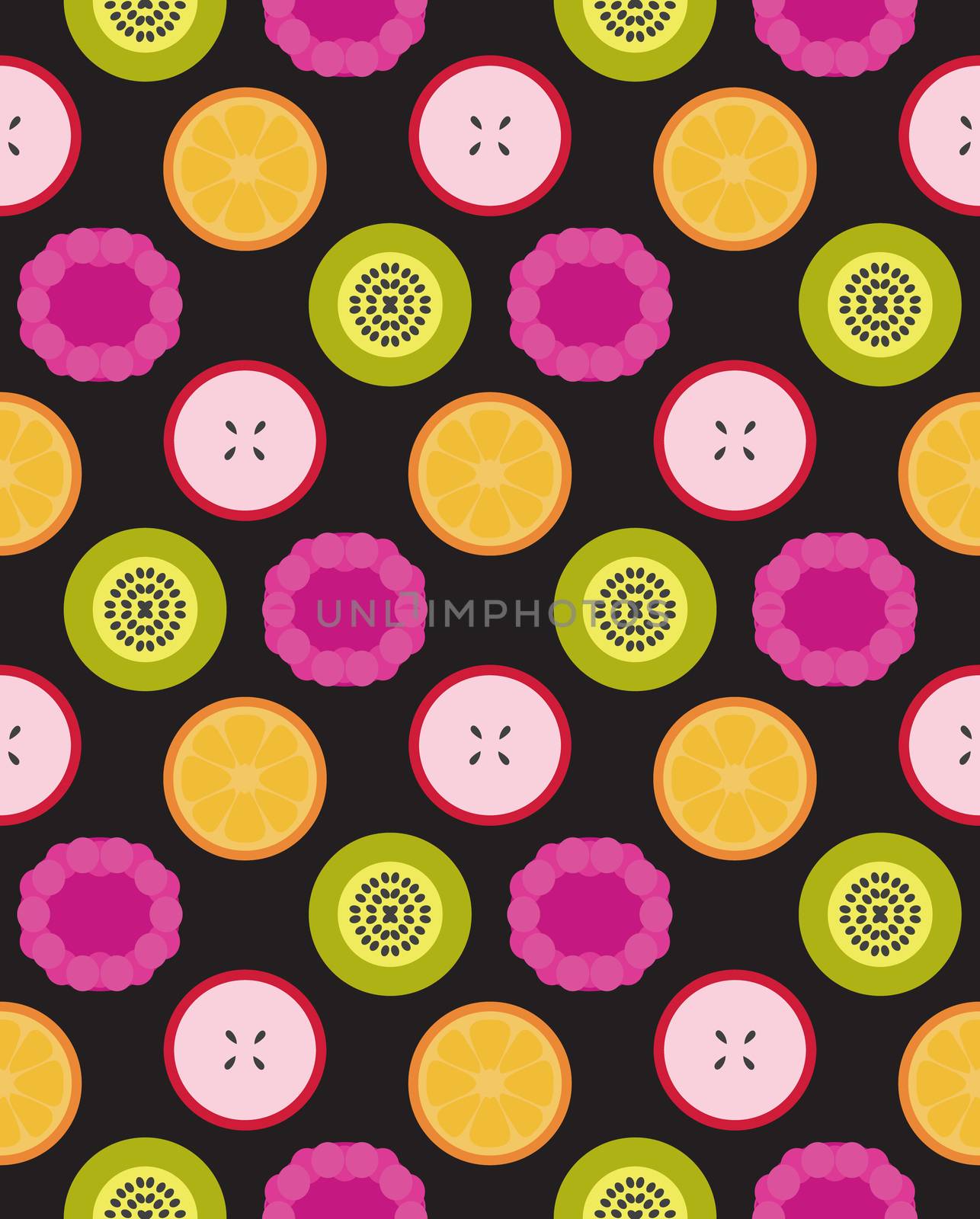 Vector fruit seamless pattern from apple, berry, orange and kiwi