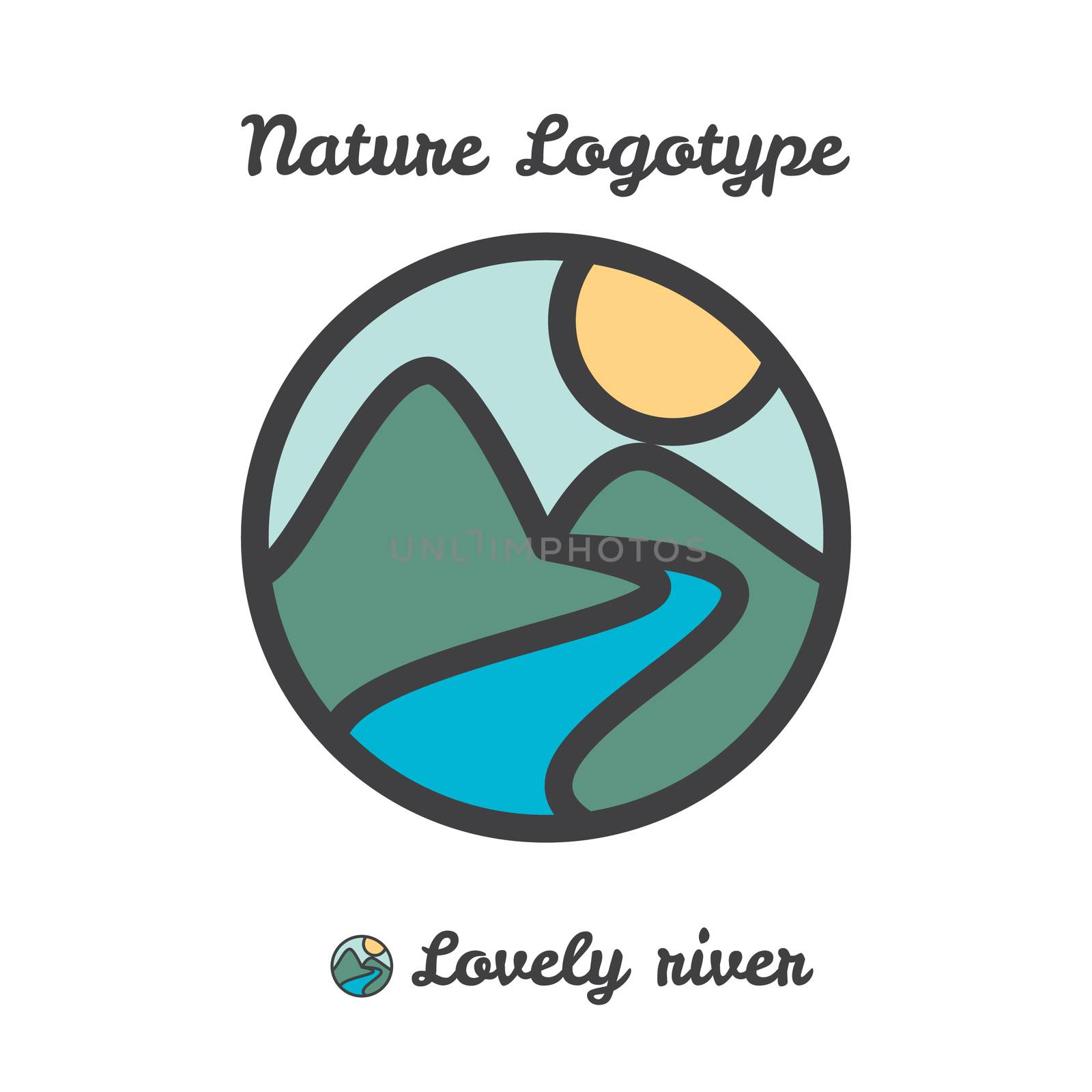 Vector icon, logo of sunset in village, sun and river among mountains