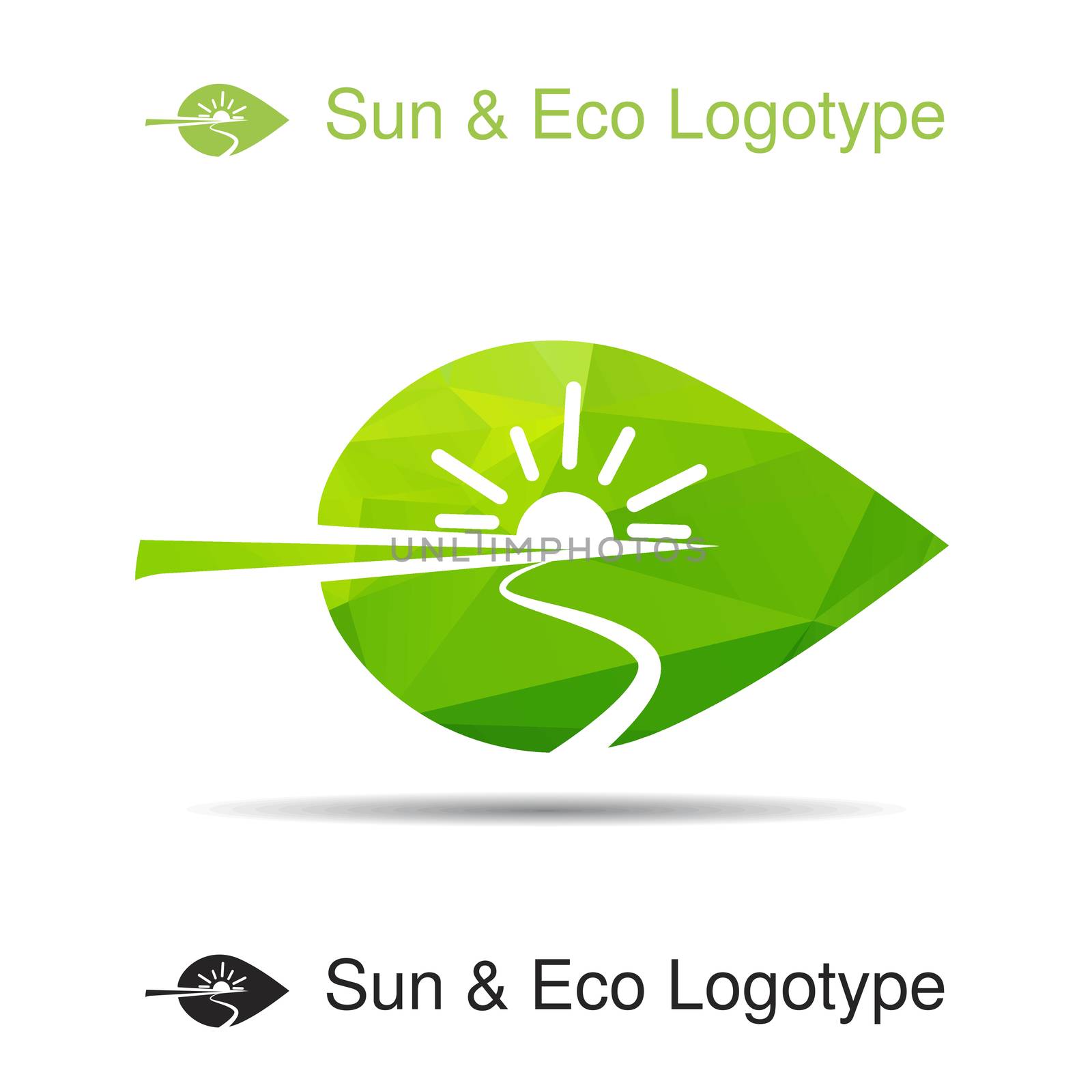 Ecology logotype, icon and nature symbol: sun, river, water and leaf