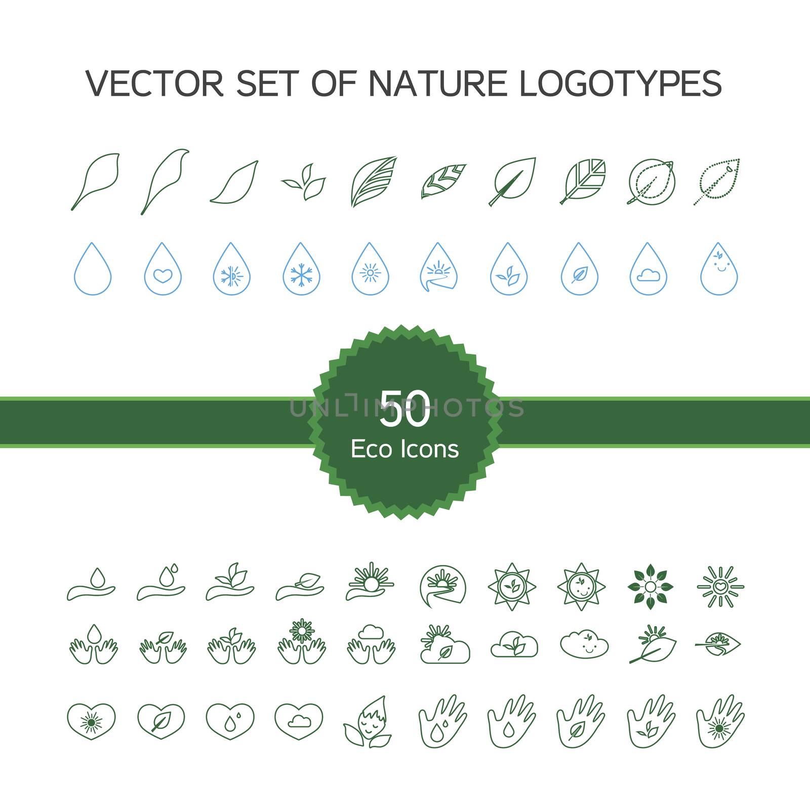 Vector set of 50 ecology icons, nature logo, biology symbols from leaves, hand, sun, snow, drop