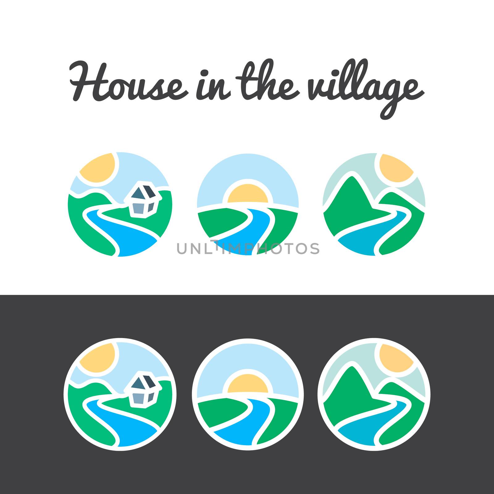 Vector set of nature icons from sun, hills, river, mountains, tree and home