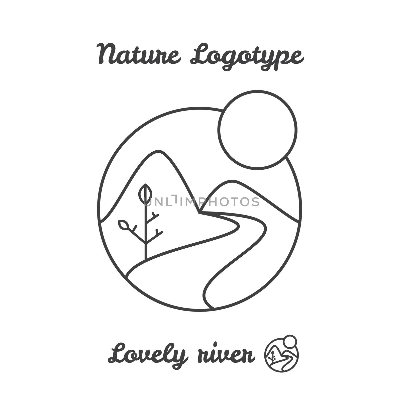 Vector icon, logo of sunset in village, sun, tree and river among mountains