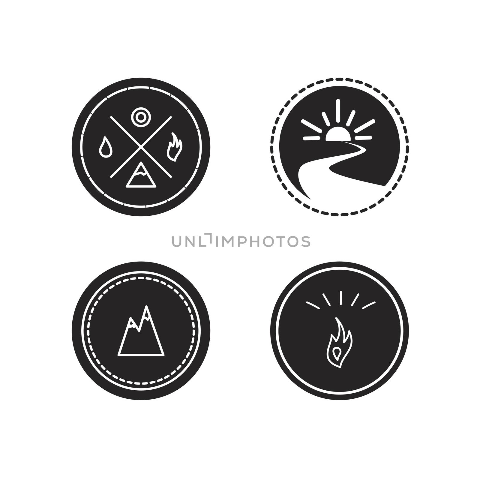 Vector set of ecology logotypes, icon and nature symbol: sun, river, water in circle, mountains, hire, water