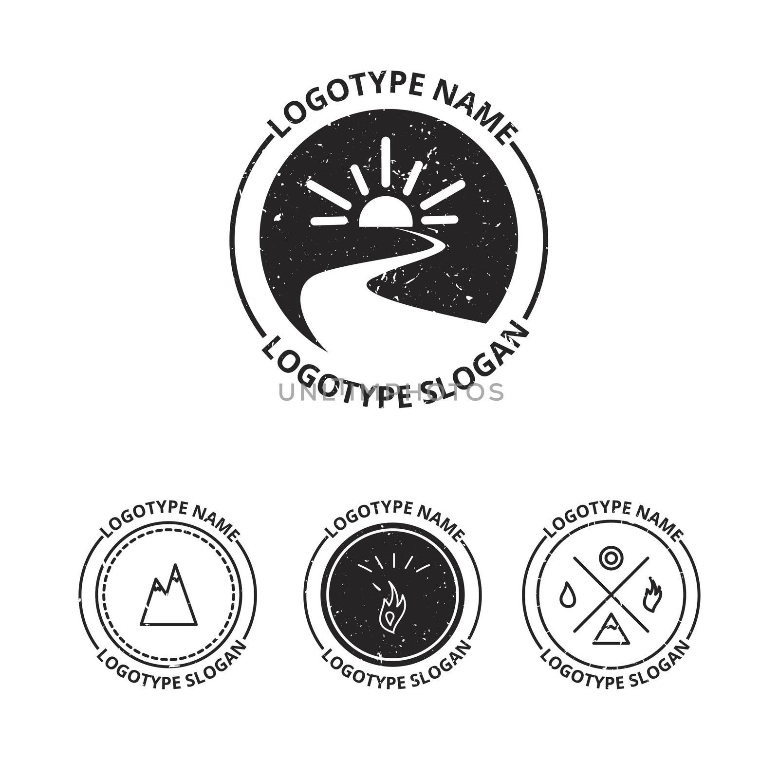 Vector set of ecology logotypes, icon and nature symbol: sun, river (water) in circle, mountains, hire, water
