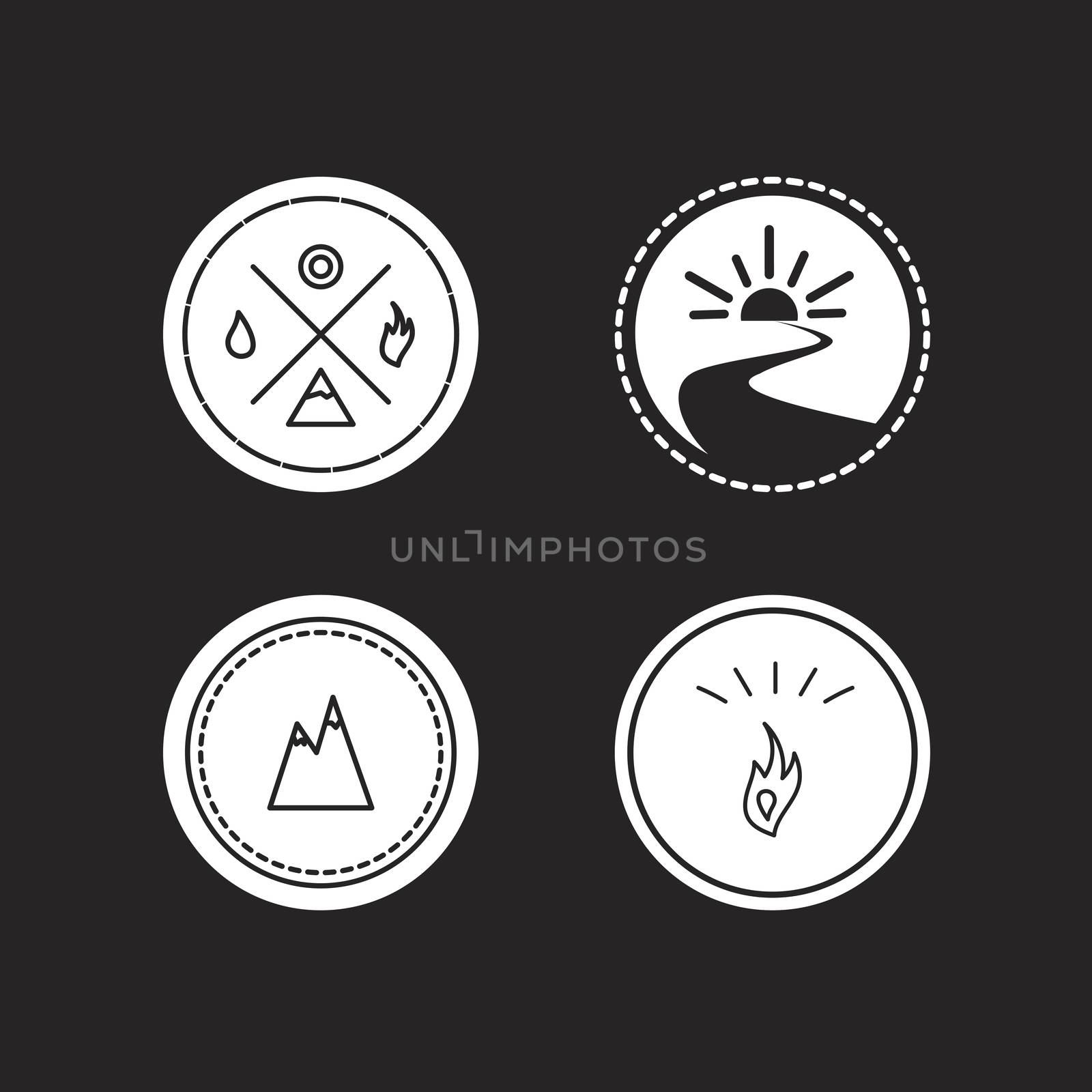 Vector set of ecology logotypes, icon and nature symbol: sun, river, water in circle, mountains, hire, water