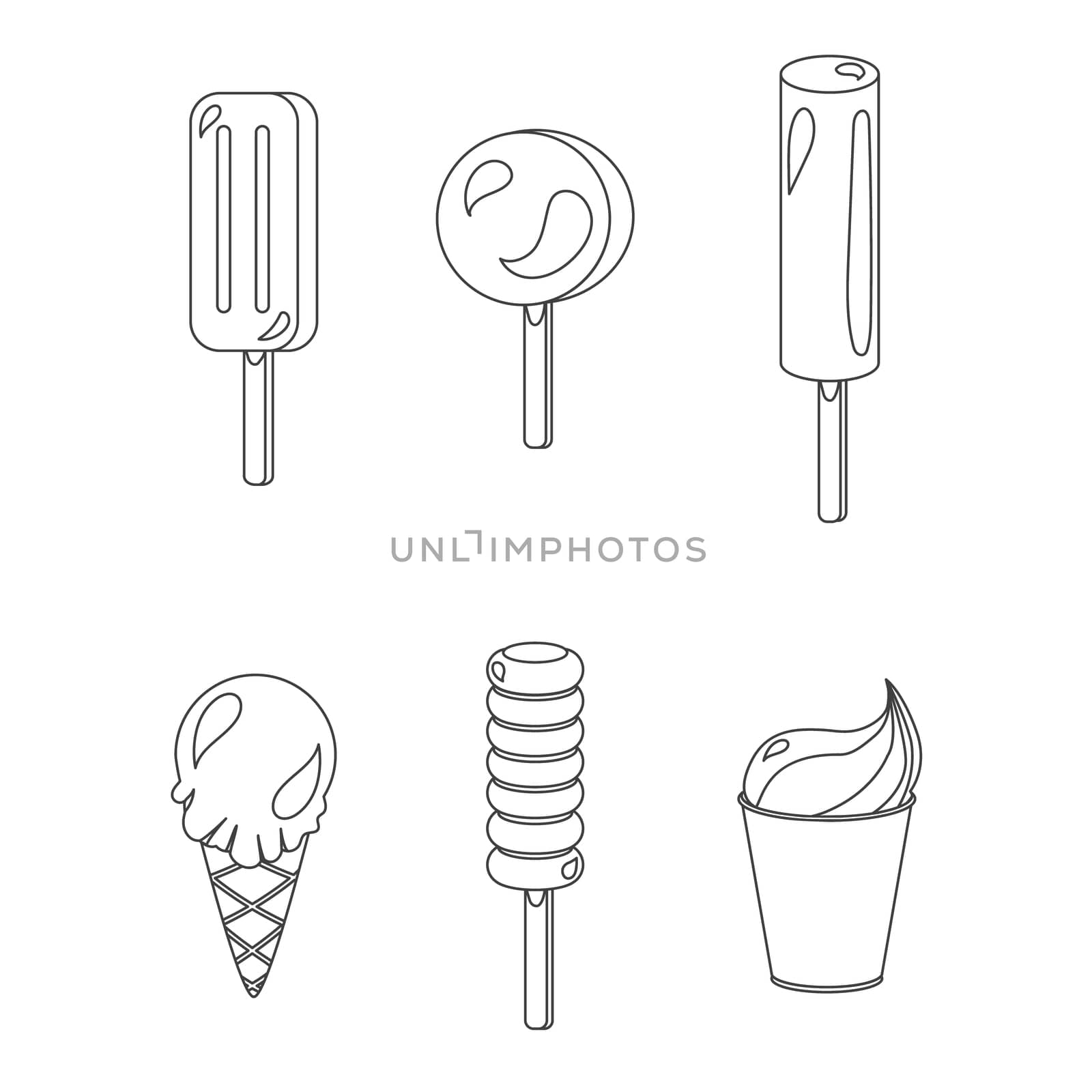 Vector set of different and simple ice-creams with lines