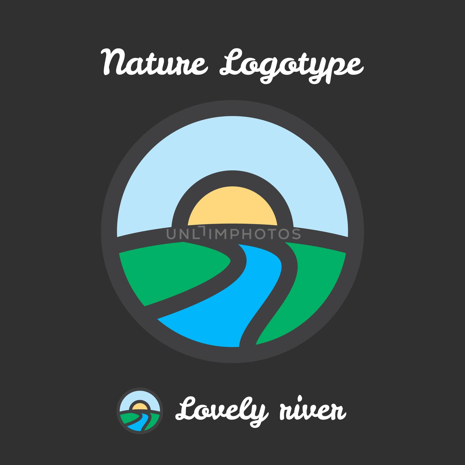 Vector icon, logo of sunset in village, sun and river among hills