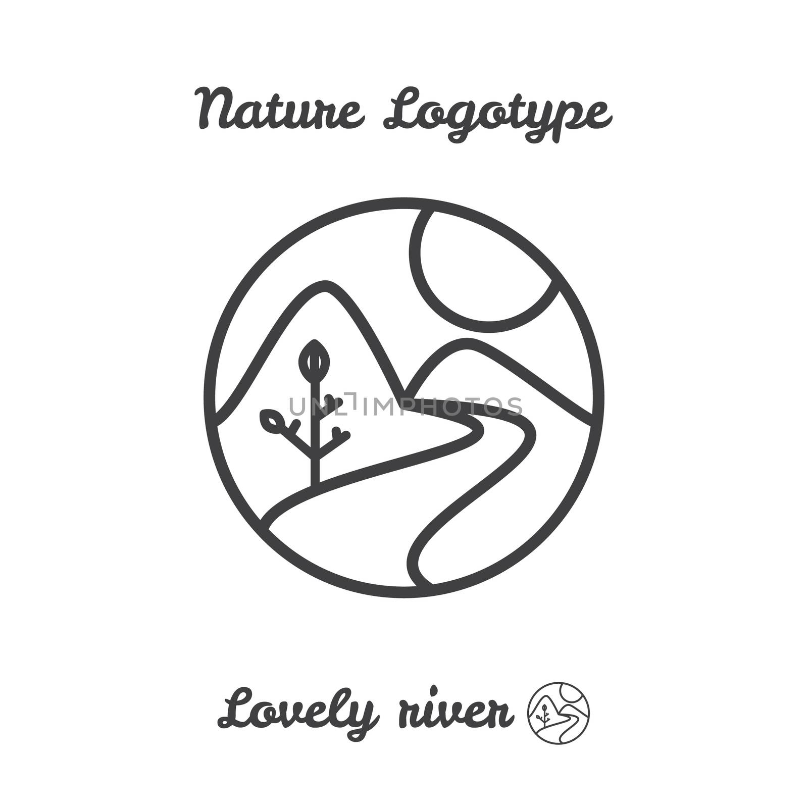 Vector icon, logo of sunset in village, sun, tree and river among mountains