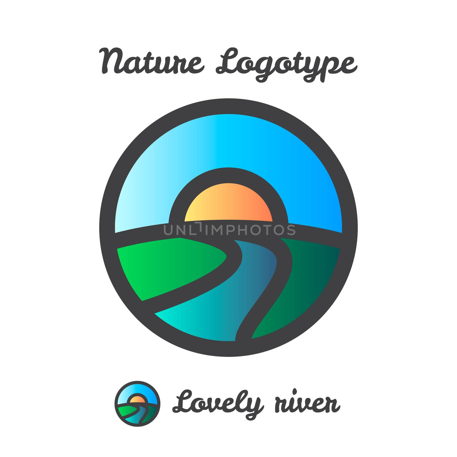 Vector icon, logo of sunset in village, sun and river among hills