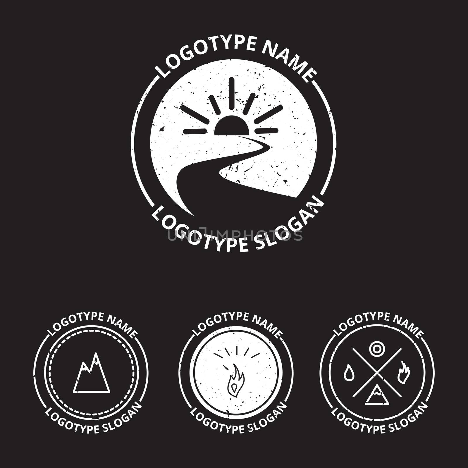 Vector set of ecology logotypes, icon and nature symbol: sun, river (water) in circle, mountains, hire, water