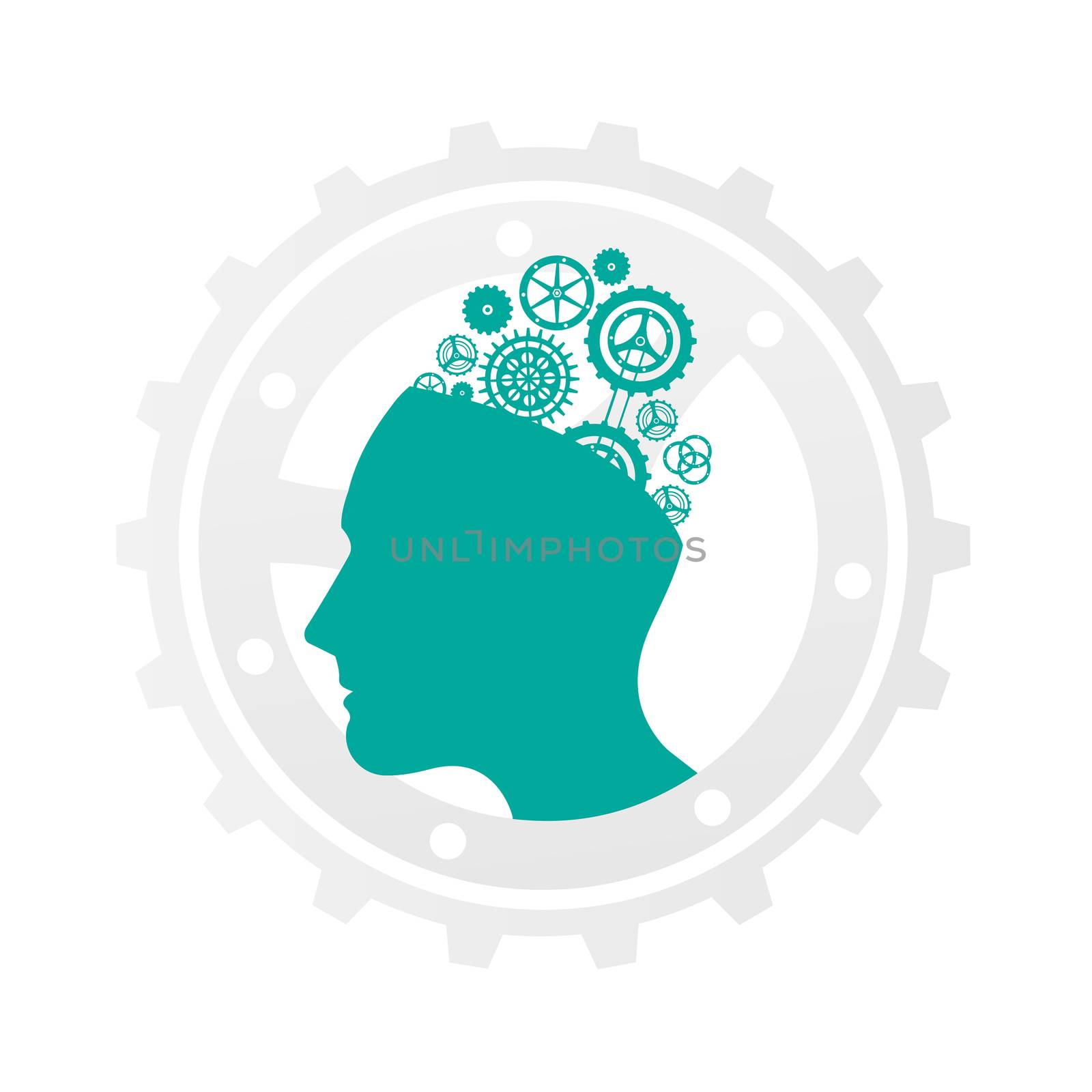 Cog and wheel against silhouette of head