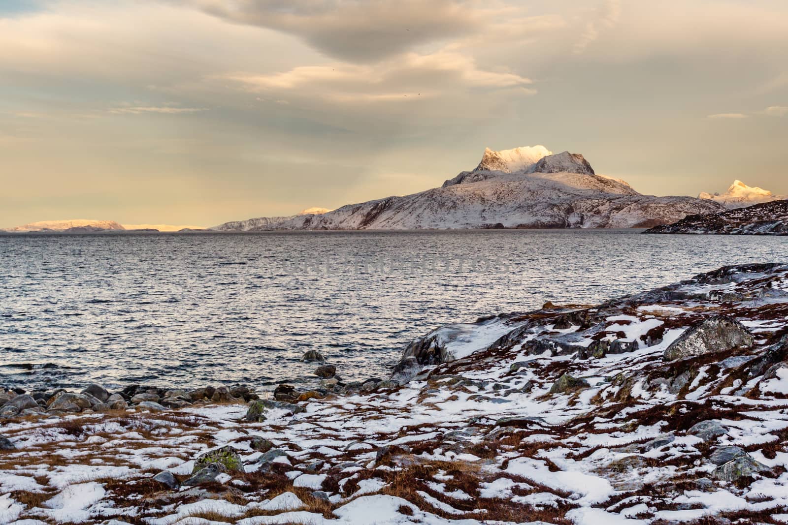 Frozen tundra landscape with cold greenlandic sea and snow Sermitsiaq mountain in the background, nearby Nuuk city, Greenland