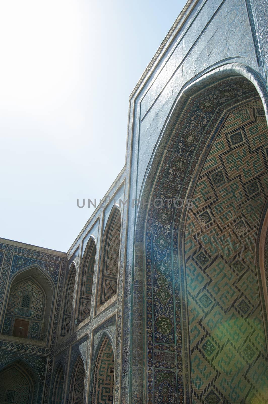 The arch and the exterior design of the ancient Registan in Samarkand. Ancient architecture of Central Asia