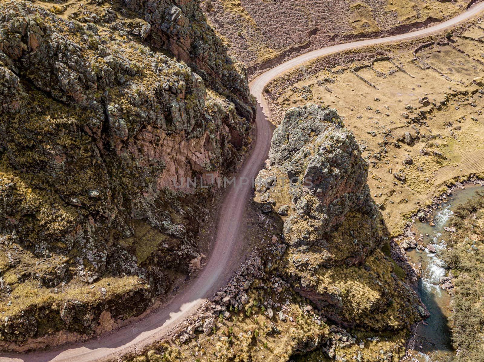 Aerial view of dangerous mountain road in Andes, Peru