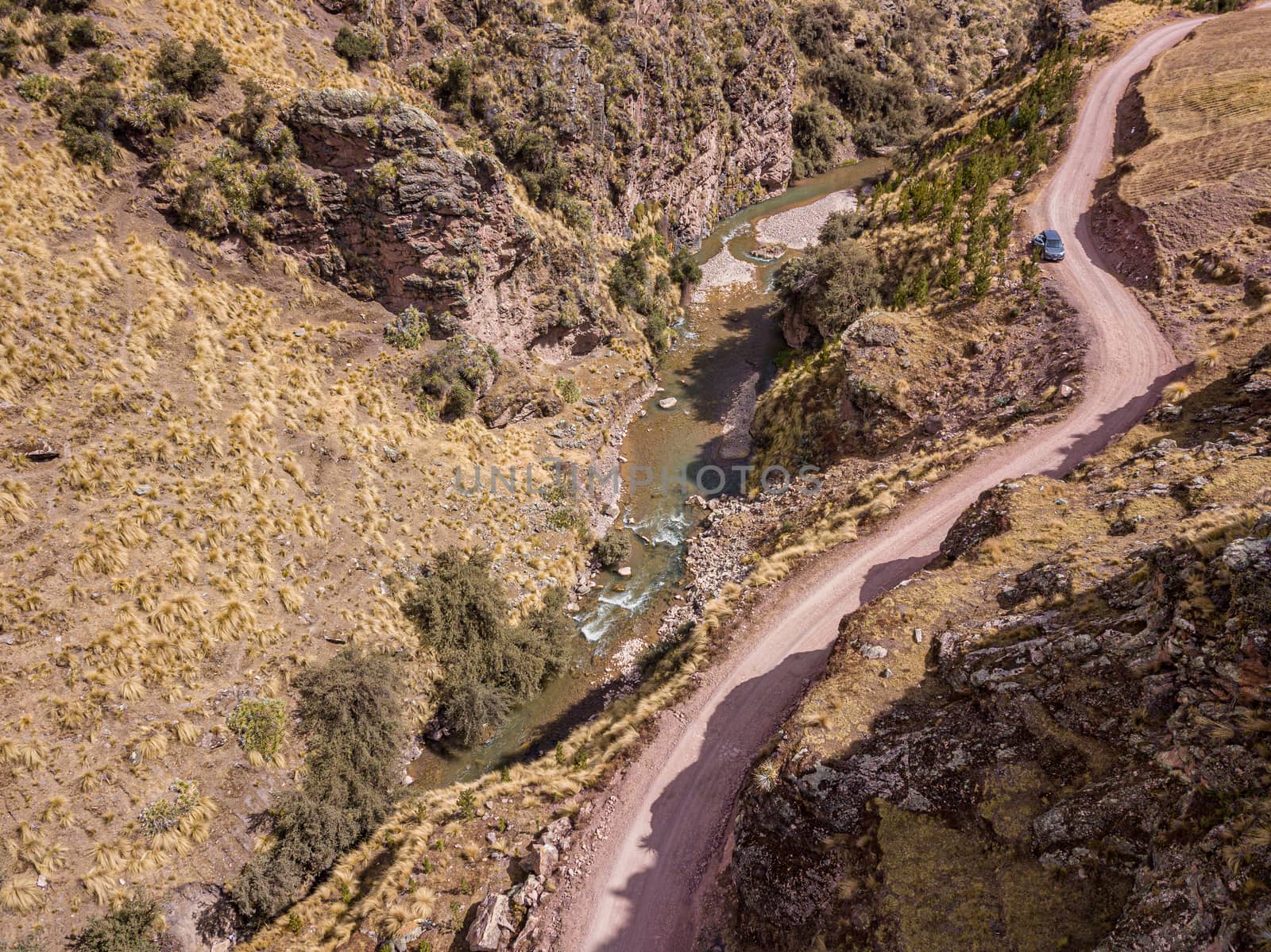 Aerial view of dangerous mountain road in Andes, Peru