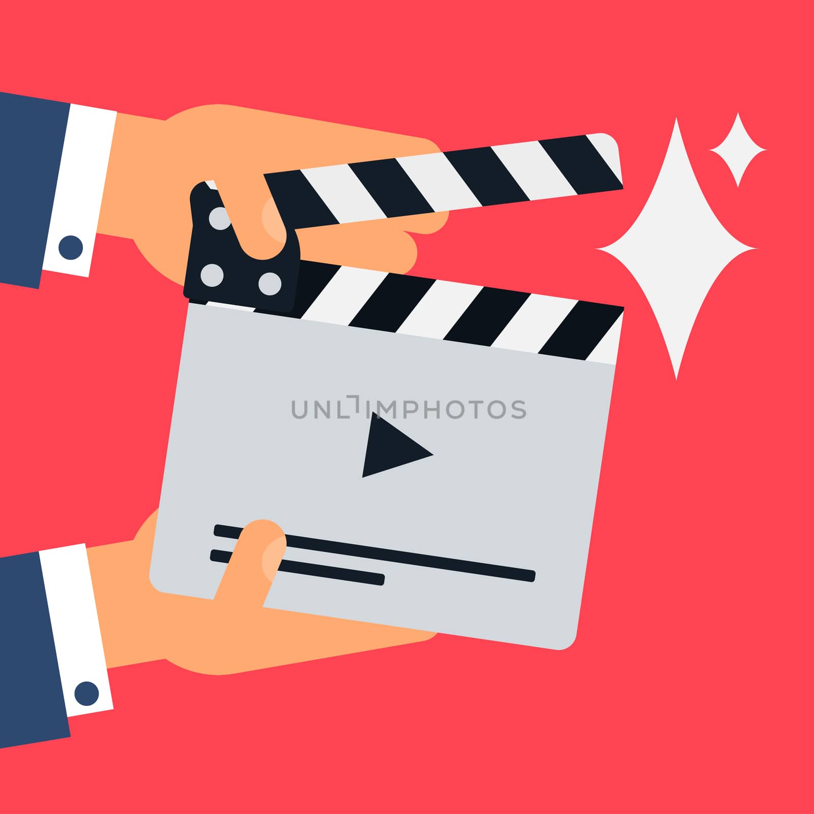Flat movie clapperboard symbol in hands. Stylish blank movie clapperboard elements. Vector