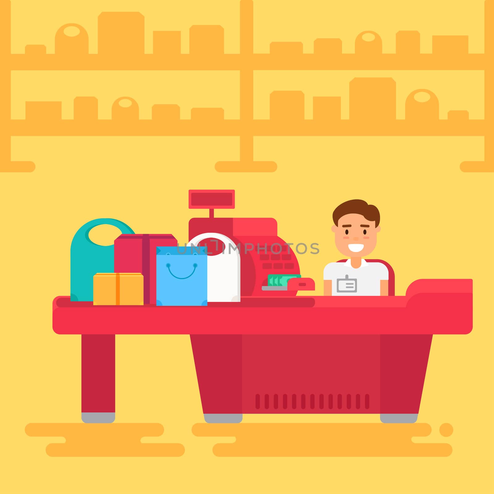 Store with cashier near cash desk. Store or market retail interior. Shopping concept illustration. Vector