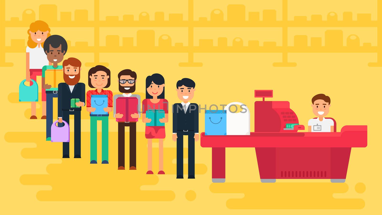 Store with customers crowd and cashier near cash desk. Store or market retail interior. Shopping concept illustration. People are paying purchase. Vector