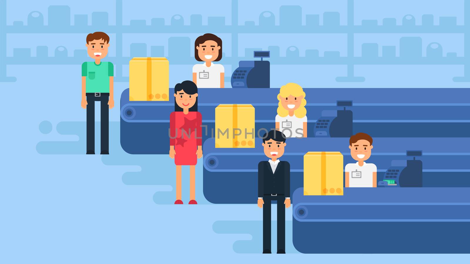 Store with customers crowd and cashier near cash desk. Store or market retail interior. Shopping concept illustration. People are paying purchase. Vector