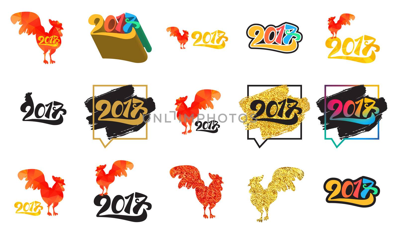 Lettering 2017 With Red Fire Cock for print and poster, banner and sticker. Happy new year greeting card. Vector