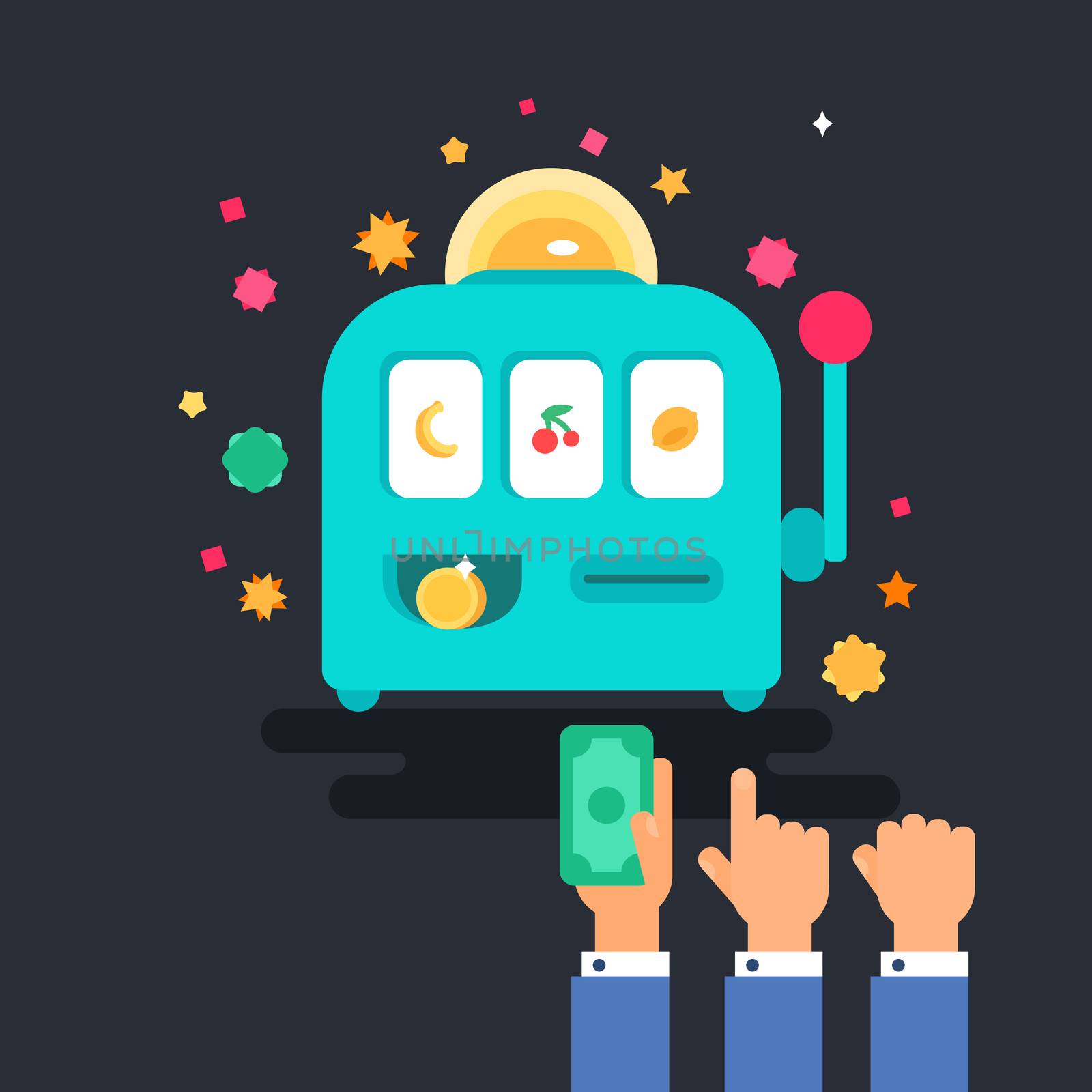 Casino design items. Gambling machine with money. One armed bandit. Variations of hands. Vector