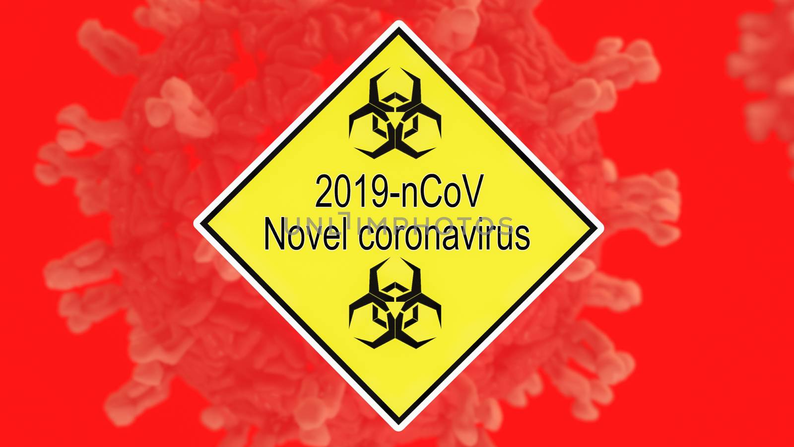 Yellow danger sign with biohazard logo before blurred virus cell depiction for Wuhan Novel virus potential spread.