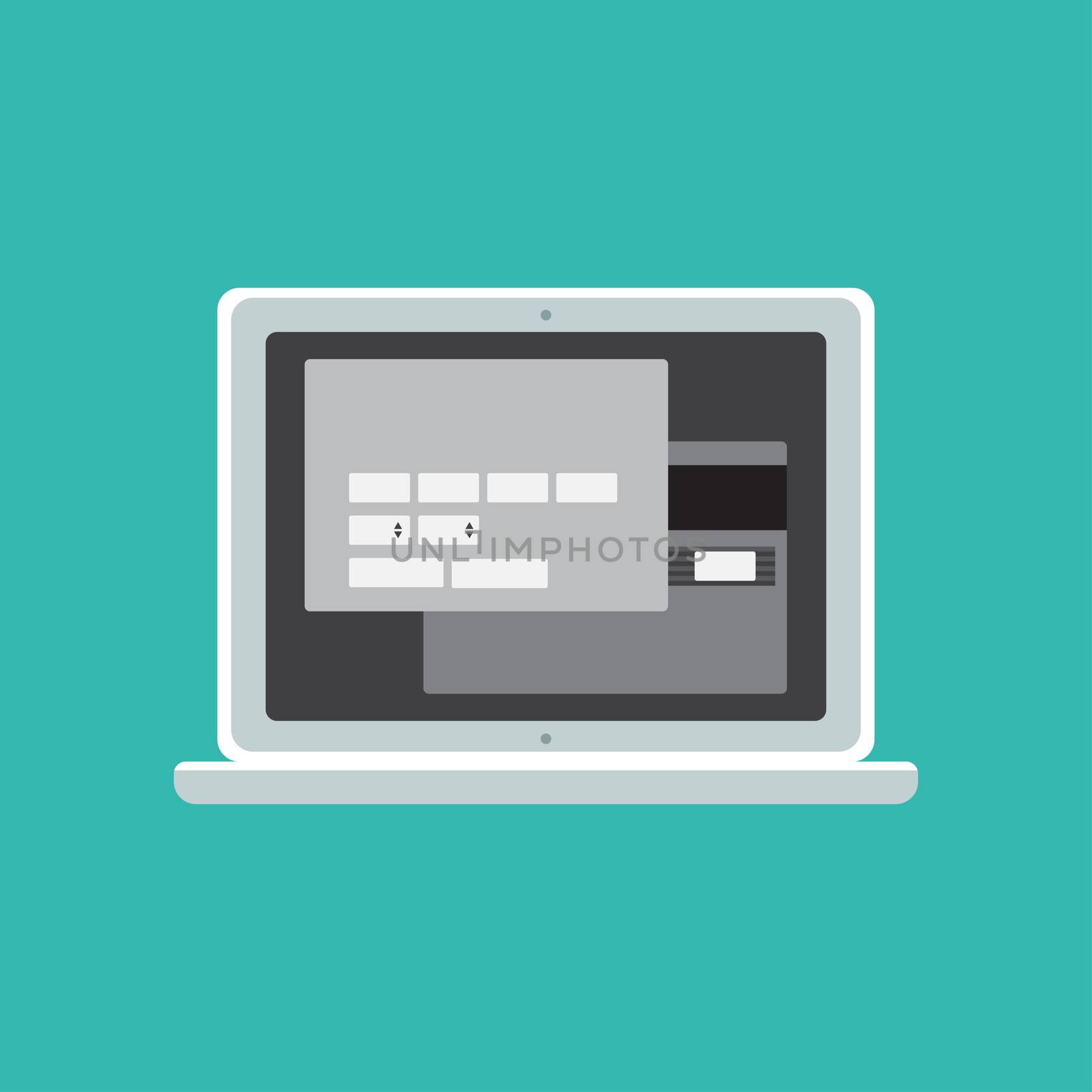 Web Template and Elements for site form of online shopping and enter card data on notebook. Vector