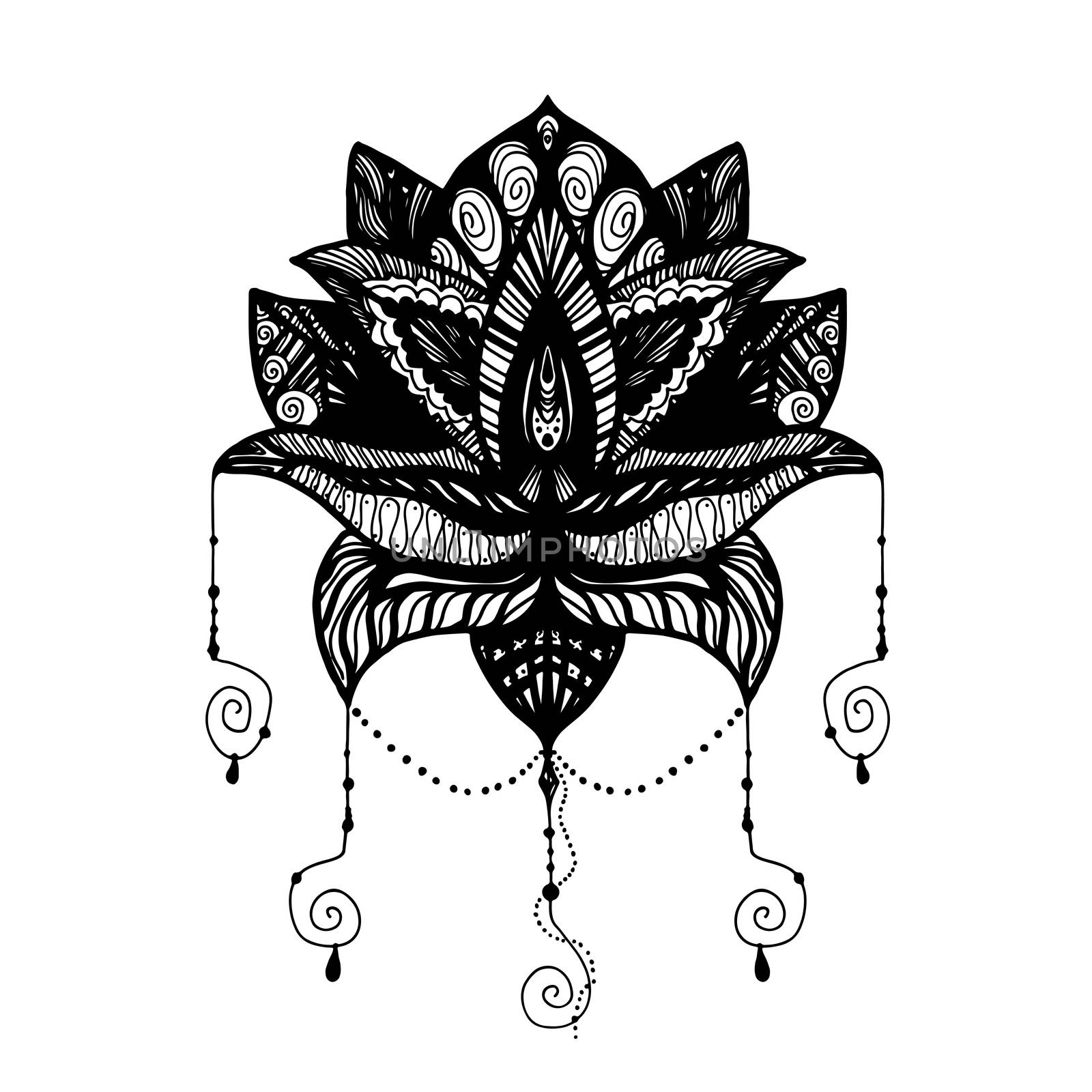 Flower Lotus. Magic symbol for print, tattoo, coloring book,fabric, t-shirt, cloth in boho style. Tribal lotus design. Vector