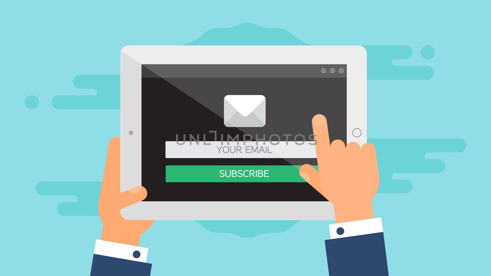 Web Template and Elements for site form of email subscribe, newsletter on tablet. Vector