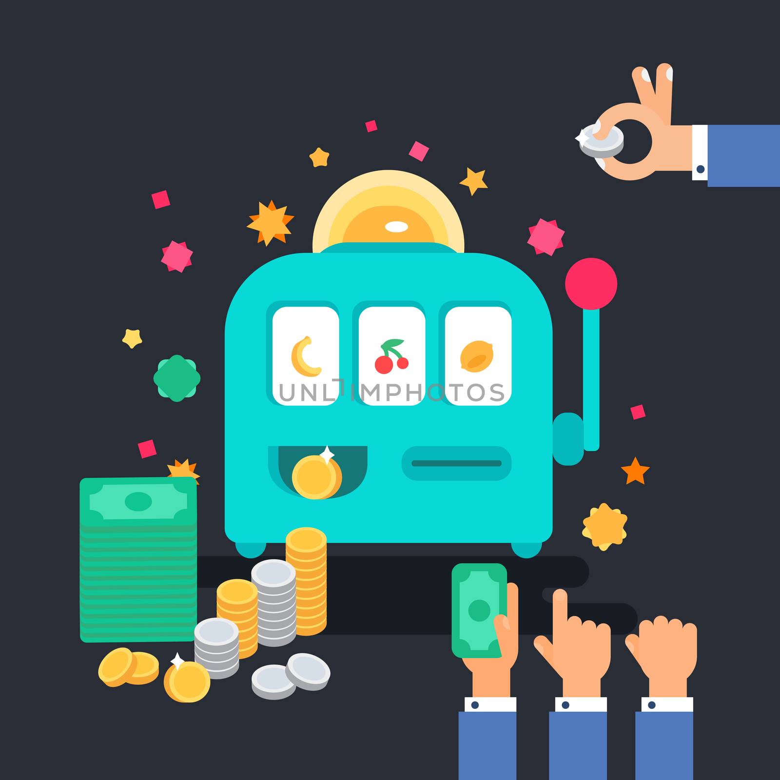 Casino design items. Gambling machine with money. One armed bandit. Variations of hands. Vector