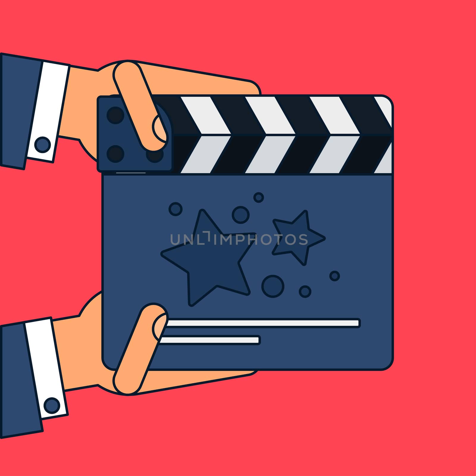 Flat movie clapperboard symbol in hands. Stylish blank movie clapperboard elements. Vector