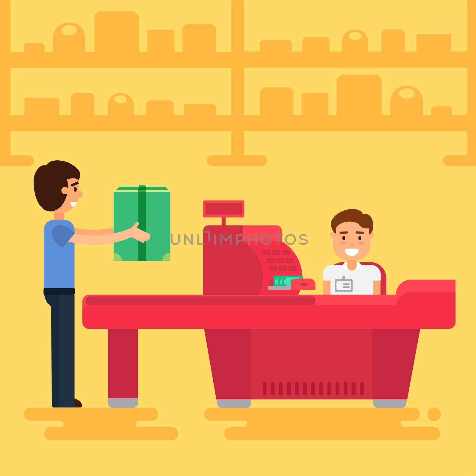 Store with customer and cashier near cash desk. Store or market retail interior. Shopping concept illustration. People are paying purchase. Vector