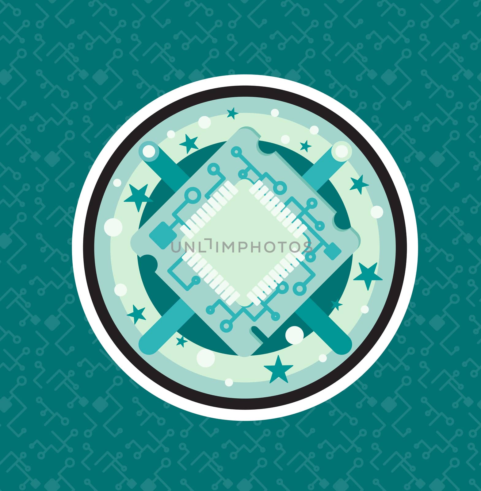 Computer Processor Chip with cable, wire. Symbol of programmer hard work, system administrator activities, scientific innovation, technical advancements and robotics. High tech microprocessor. Vector