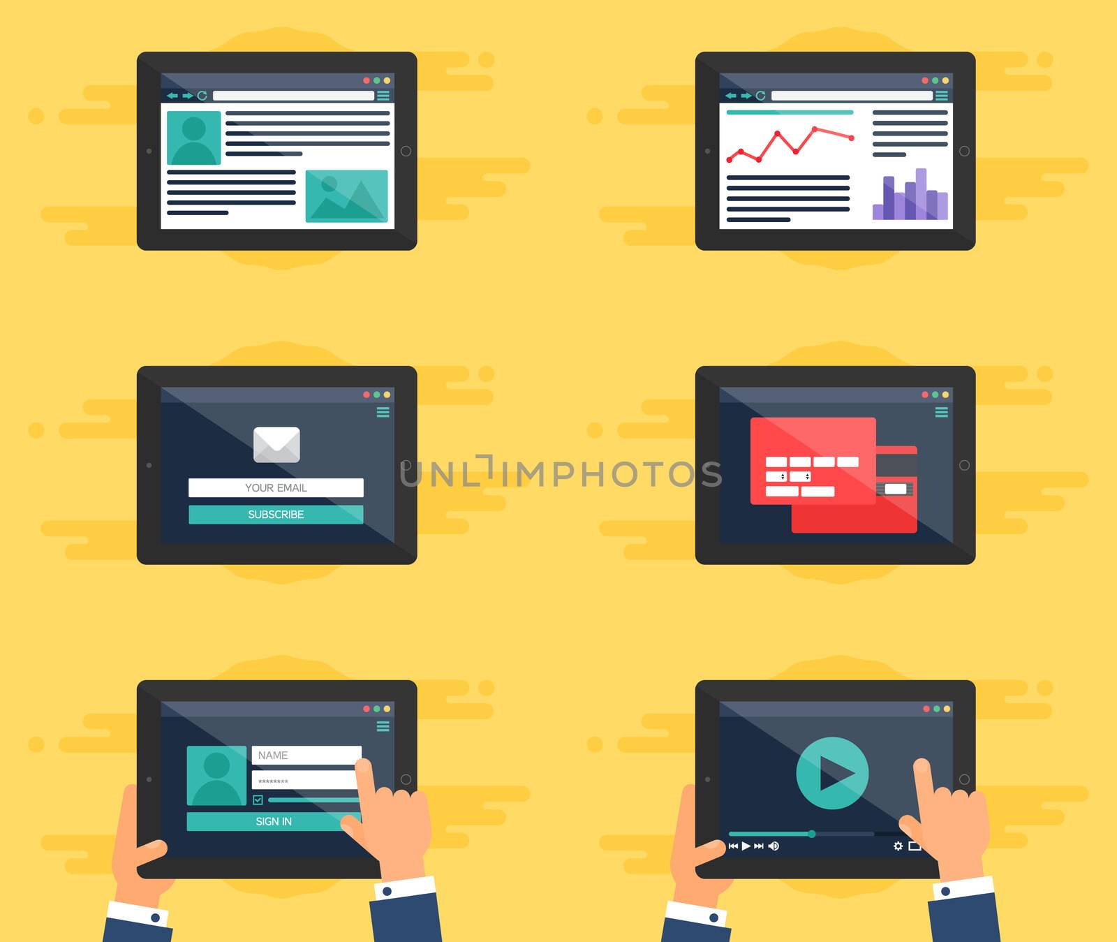 Web Template for site forms of email subscribe, login to account, watching video, online shopping, blog and infographics on tablet. Vector