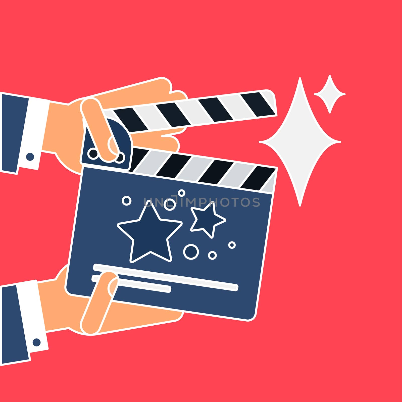 Flat movie clapperboard symbol in hands. Stylish blank movie clapperboard elements. Vector